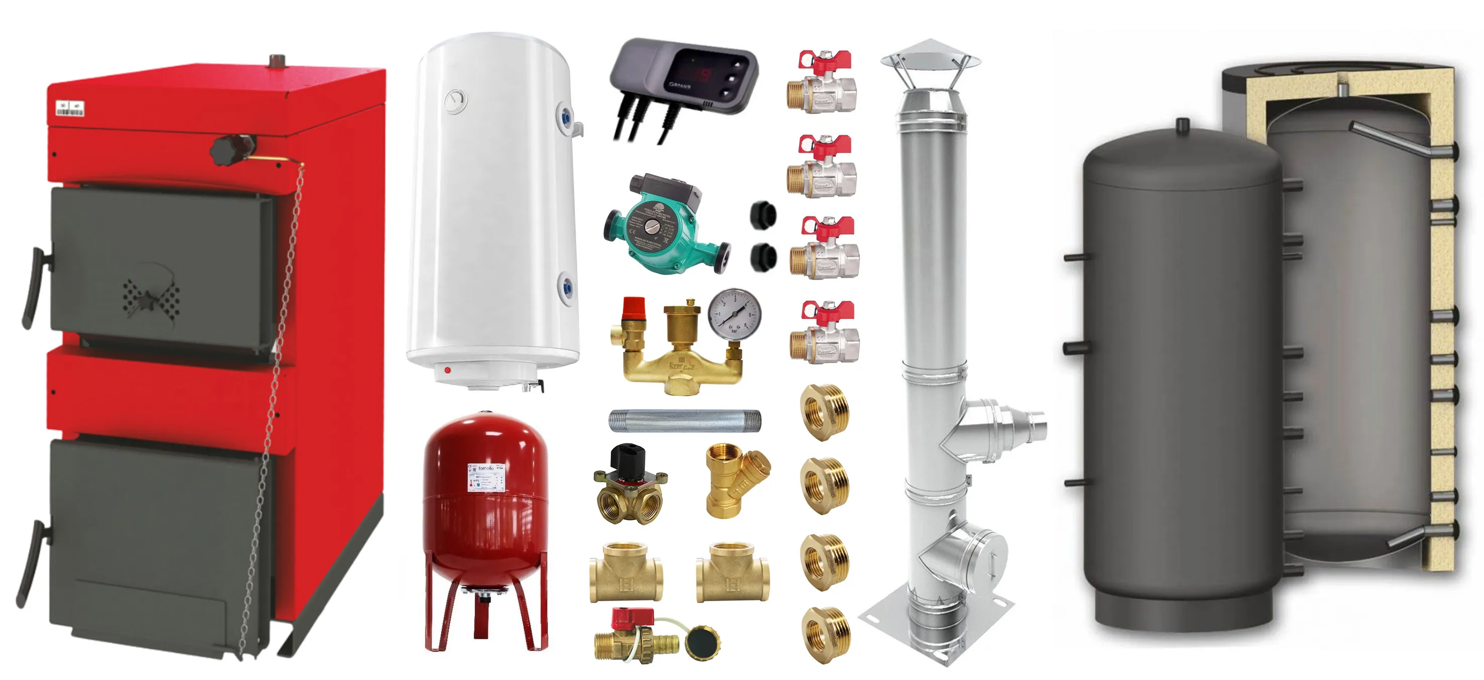 Pachet Centrala pe combustibil solid ​Sunsystem Burnit NWB 30 kW, cos inox, puffer, boiler termoelectric, vas expansiune, pompa circulare, controller pompa, fitinguri montaj