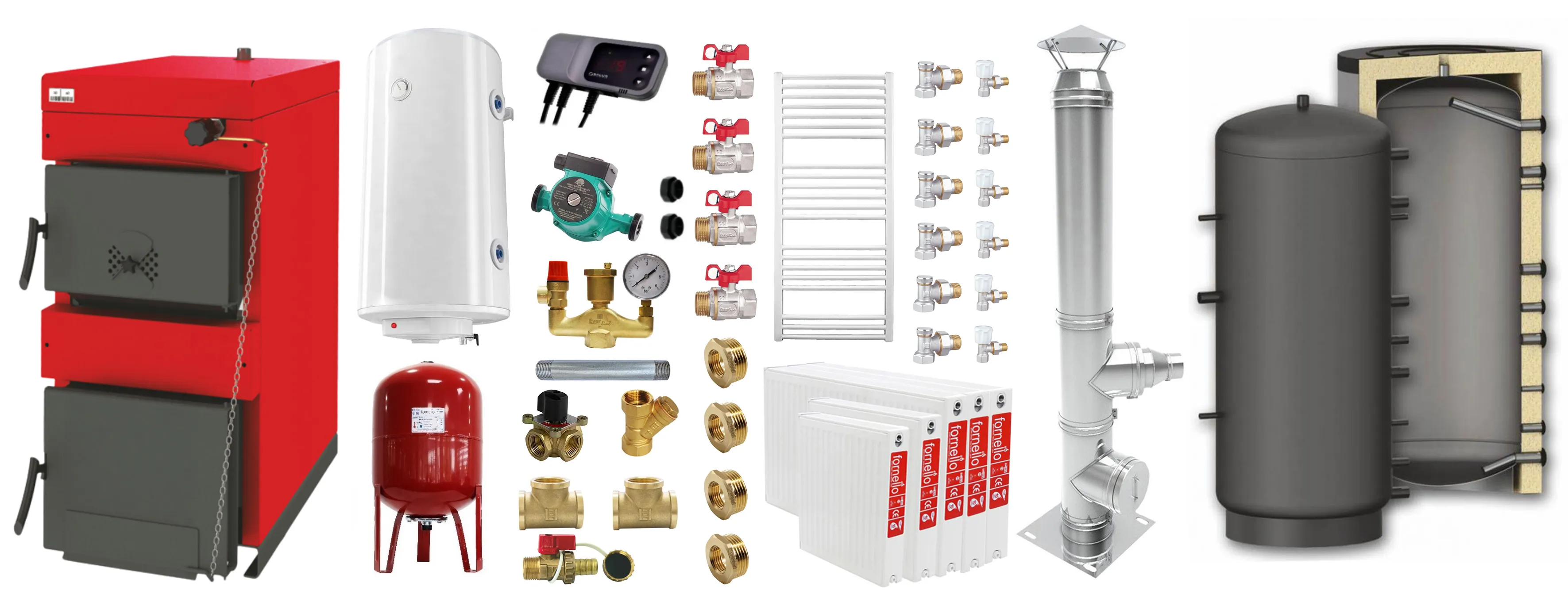 Pachet Centrala pe combustibil solid ​Sunsystem Burnit NWB 30 kW, puffer, cos inox, calorifere, boiler termoelectric, vas expansiune, pompa circulare, controller pompa, fitinguri montaj