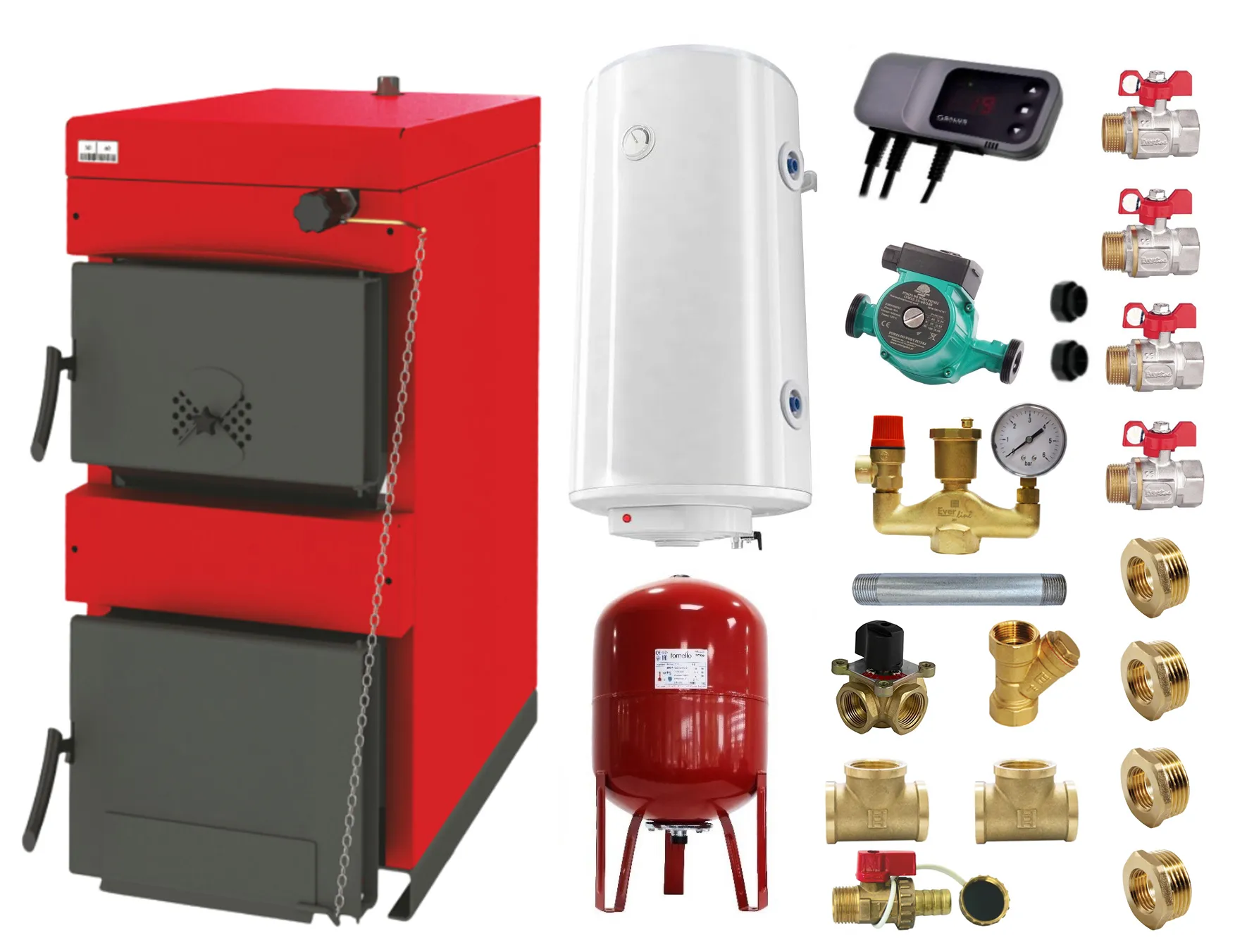 Pachet Centrala pe combustibil solid ​Sunsystem Burnit NWB 35 kW, boiler termoelectric, vas expansiune, pompa circulare, controller pompa, fitinguri montaj