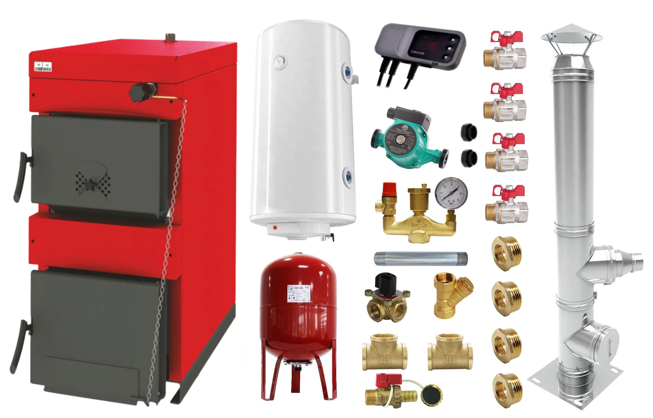 Pachet Centrala pe combustibil solid ​Sunsystem Burnit NWB 35 kW, cos inox, boiler termoelectric, vas expansiune, pompa circulare, controller pompa, fitinguri montaj