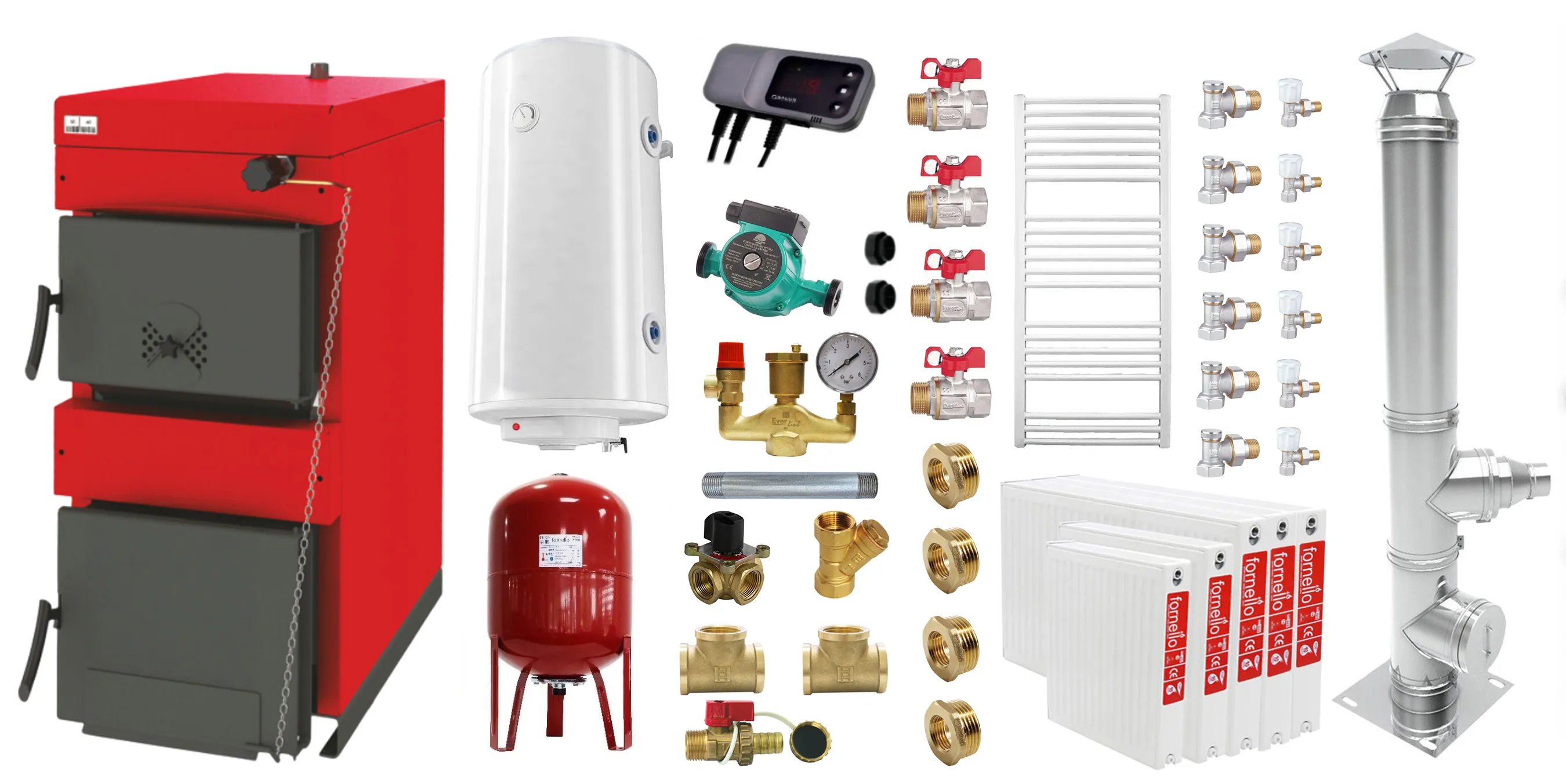 Pachet Centrala pe combustibil solid ​Sunsystem Burnit NWB 35 kW, cos inox, calorifere, boiler termoelectric, vas expansiune, pompa circulare, controller pompa, fitinguri montaj