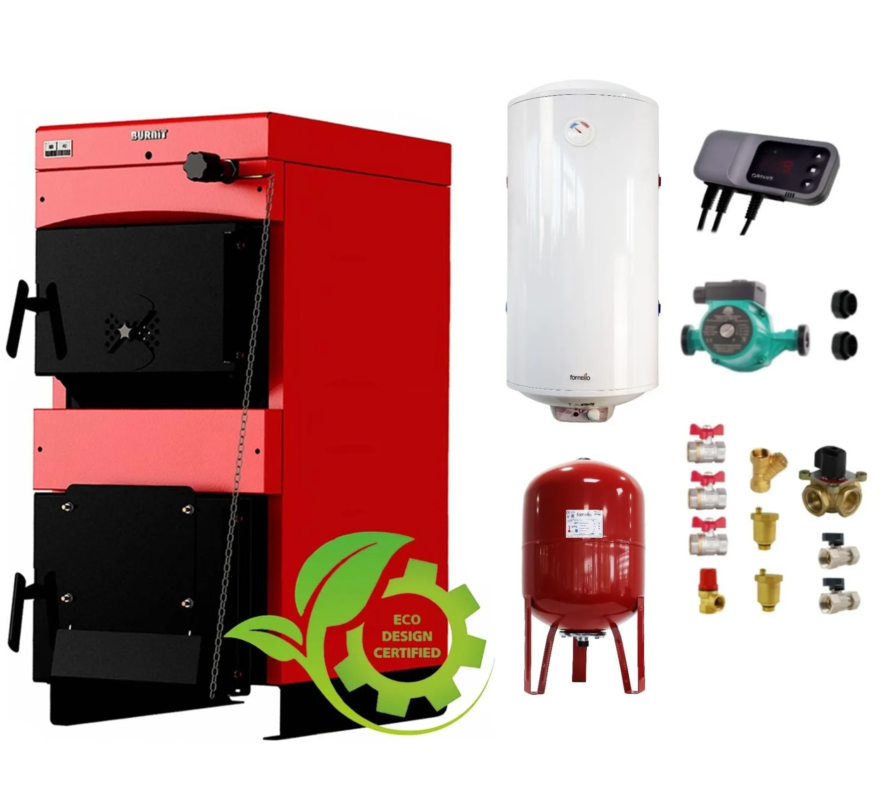 Pachet Centrala pe combustibil solid ​Sunsystem Burnit NWB MAX 55 kW, boiler termoelectric, vas expansiune, pompa circulare, controller pompa, fitinguri montaj