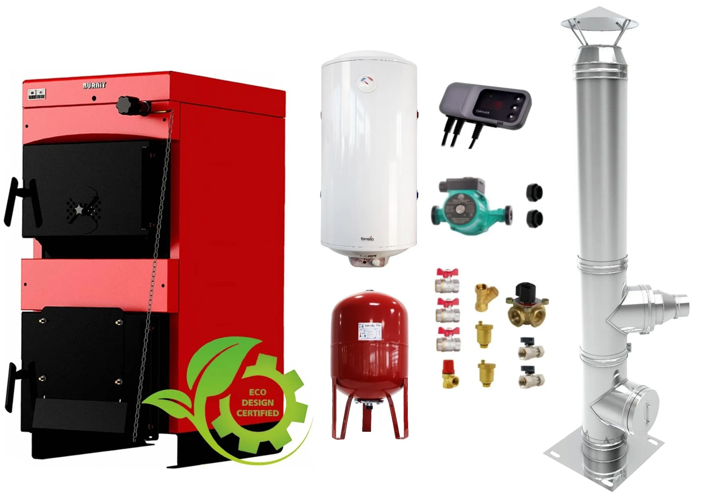 Pachet Centrala pe combustibil solid ​Sunsystem Burnit NWB MAX 55 kW, cos inox, boiler termoelectric, vas expansiune, pompa circulare, controller pompa, fitinguri montaj