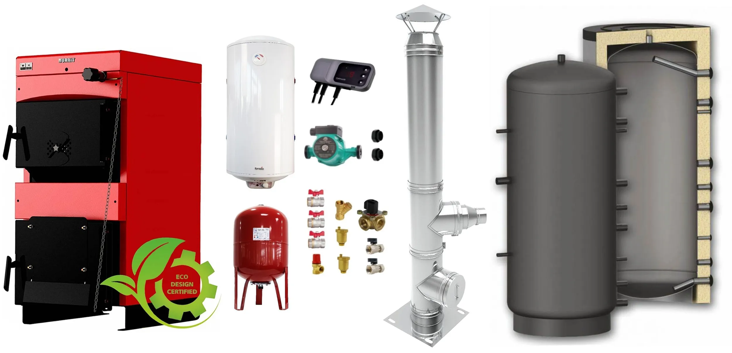 Pachet Centrala pe combustibil solid ​Sunsystem Burnit NWB MAX 55 kW, puffer, cos inox, boiler termoelectric, vas expansiune, pompa circulare, controller pompa, fitinguri montaj