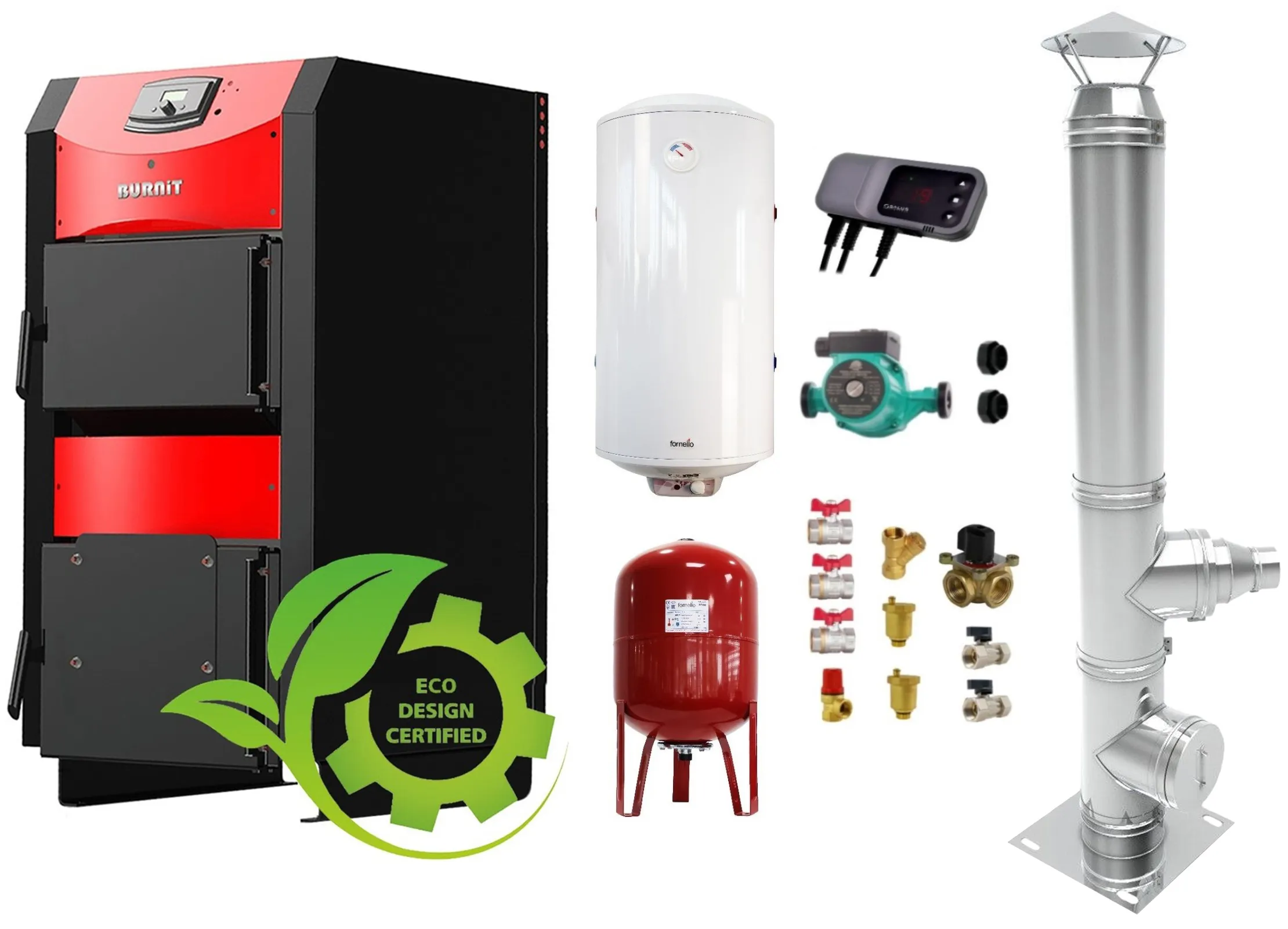 Pachet Centrala pe combustibil solid ​Sunsystem Burnit NWB PRIME 40 kW, cos inox, boiler termoelectric, vas expansiune, pompa circulare, controller pompa, fitinguri montaj