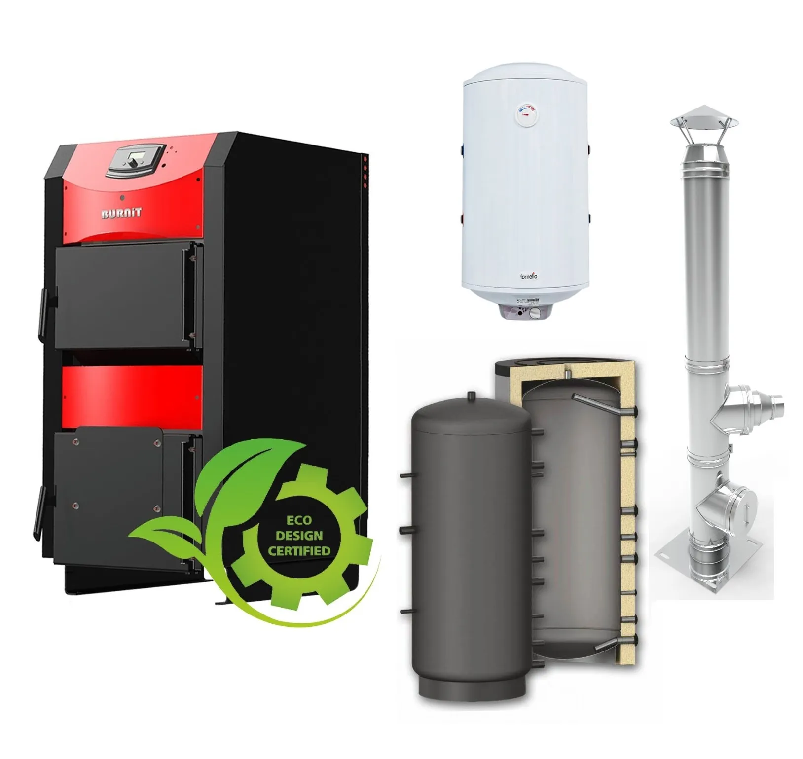 Pachet Centrala pe combustibil solid ​Sunsystem Burnit NWB PRIME 40 kW, Puffer P 1000l, Cos inox 6 ml 200 mm, Boiler Termoelectric Fornello 100l