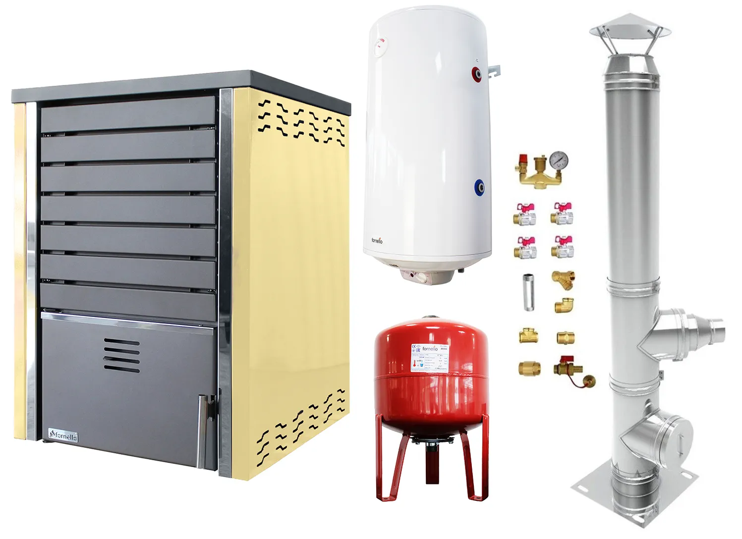 Pachet Centrala pe lemne FORNELLO SAUNA CREAM 30 kw echipata cu pompa de circulare, cos inox, boiler termoelectric 100l, vas expansiune si kit montaj