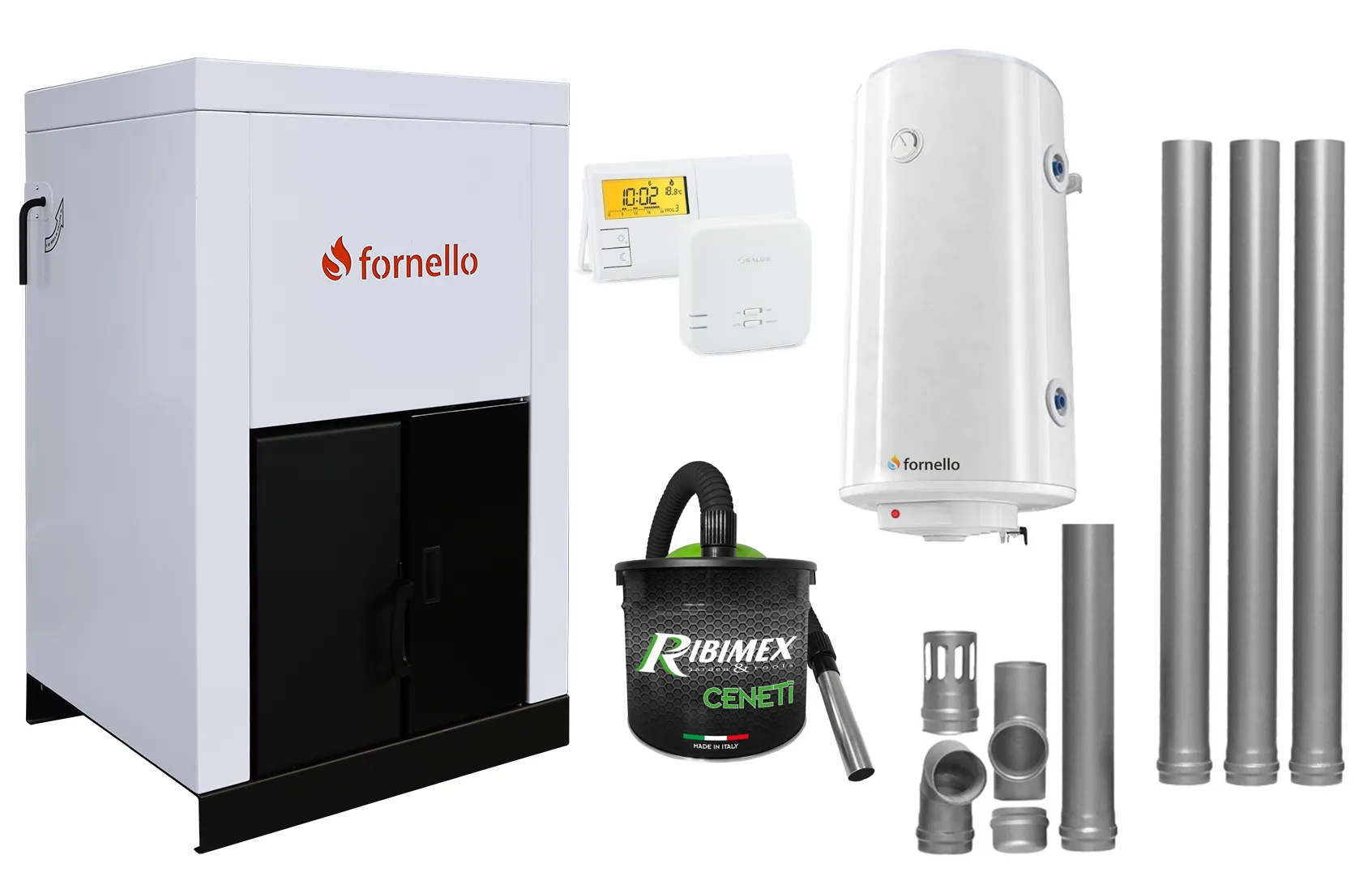 Pachet Centrala pe peleti Fornello Eco Energy 25 kW, complet echipata cu pompa, vas expansiune, automatizare, boiler, kit evacuare 3.5 ml, Termostat Salus 091FLRFV2 si Aspirator Cenusa, curatare facila, pana la 200 mp, arzator fonta