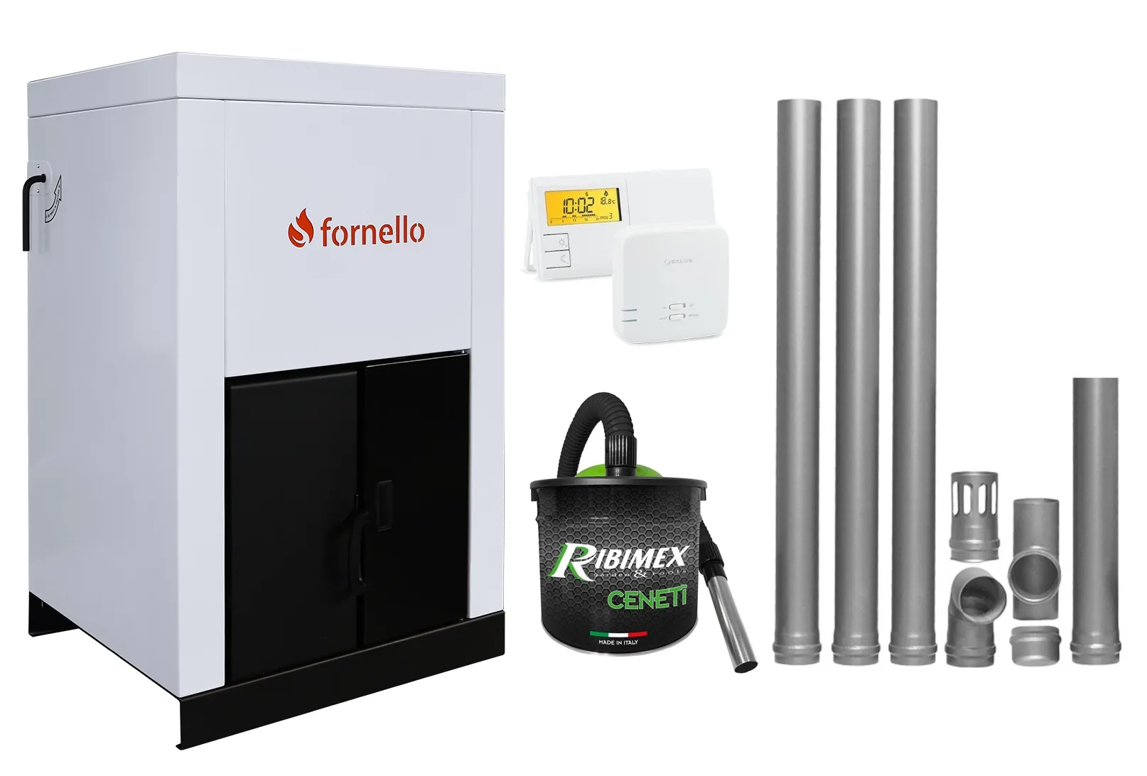 Pachet Centrala pe peleti Fornello Eco Energy 25 kW, complet echipata cu pompa, vas expansiune, automatizare, kit evacuare 3.5 ml, Termostat Salus 091FLRFV2 si Aspirator Cenusa, curatare facila, pana la 200 mp afisaj digital, arzator fonta