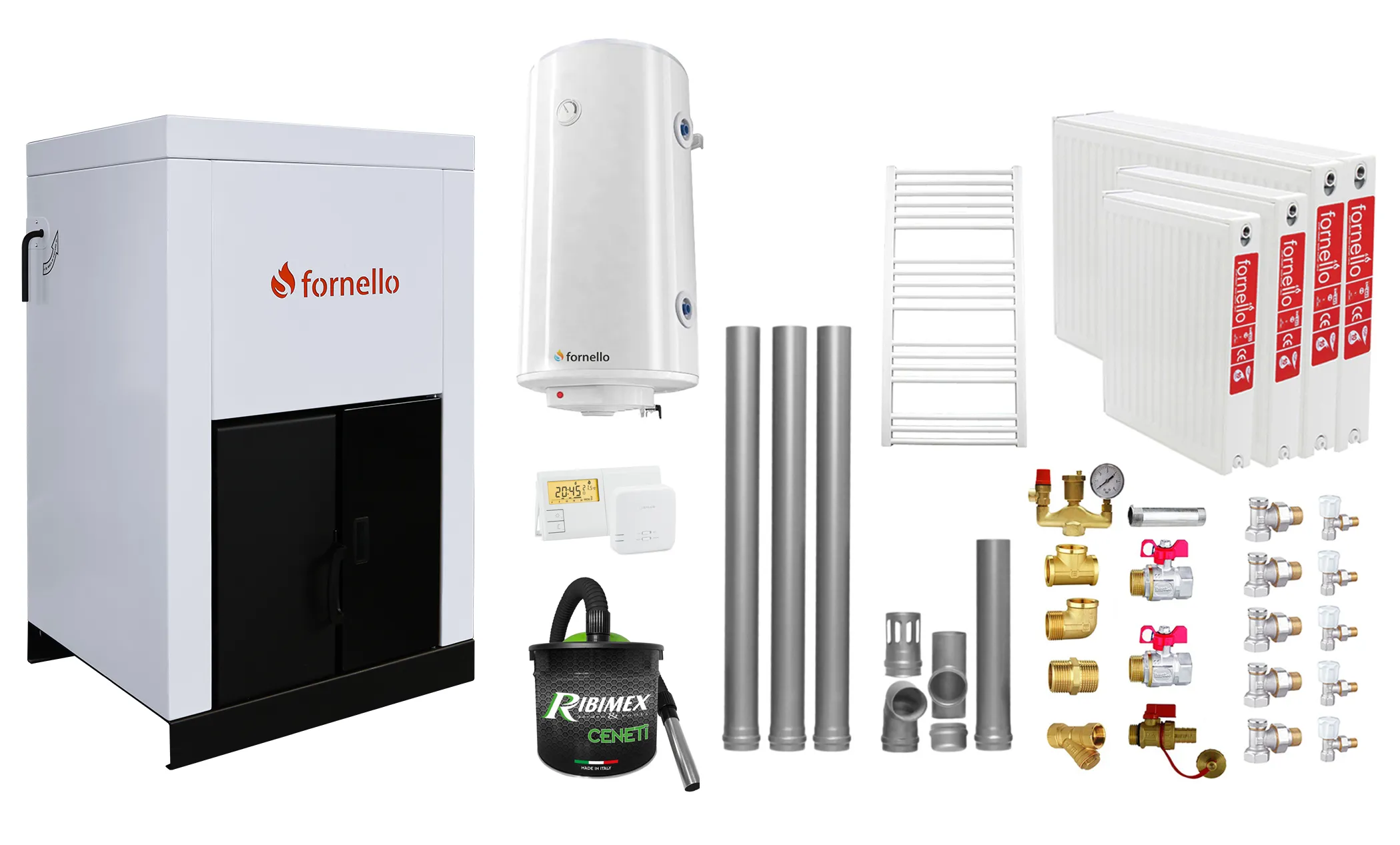 Pachet Centrala pe peleti Fornello Eco Energy 25 kW, complet echipata cu pompa, vas expansiune, automatizare, Radiatoare otel, Fitinguri, boiler, kit evacuare 3.5 ml, Termostat Salus 091FLRFV2 si Aspirator Cenusa, curatare facila, pana la 200 mp