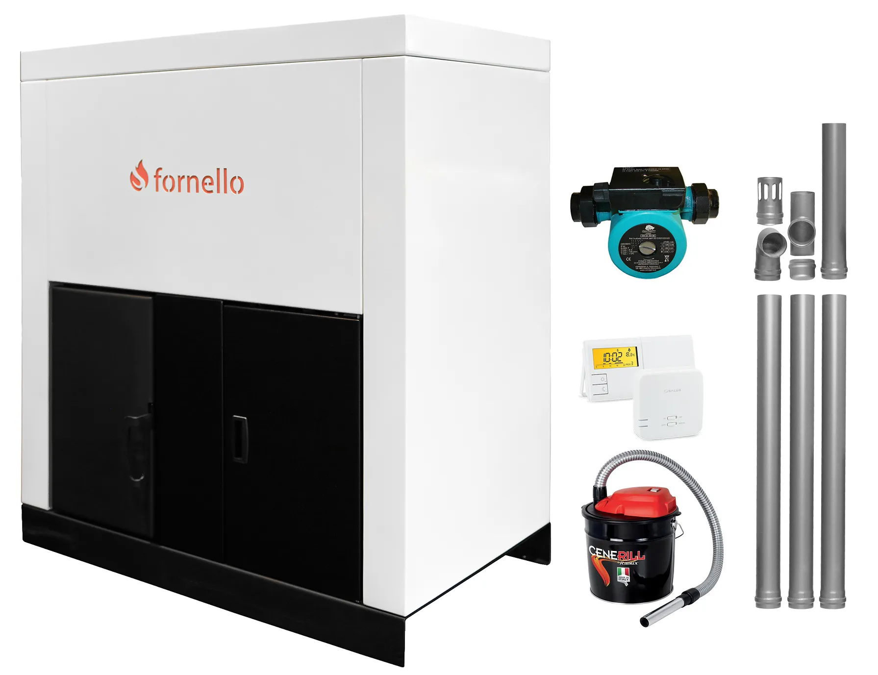 Pachet Centrala pe peleti Fornello Eco Energy  35 kW, echipata cu automatizare, afisaj digital, arzator fonta, curatare mecania a drumurilor de fum, buncar peleti integrat 75 kg, kit evacuare 3.5 ml, termostat ambient si aspirator cenusa