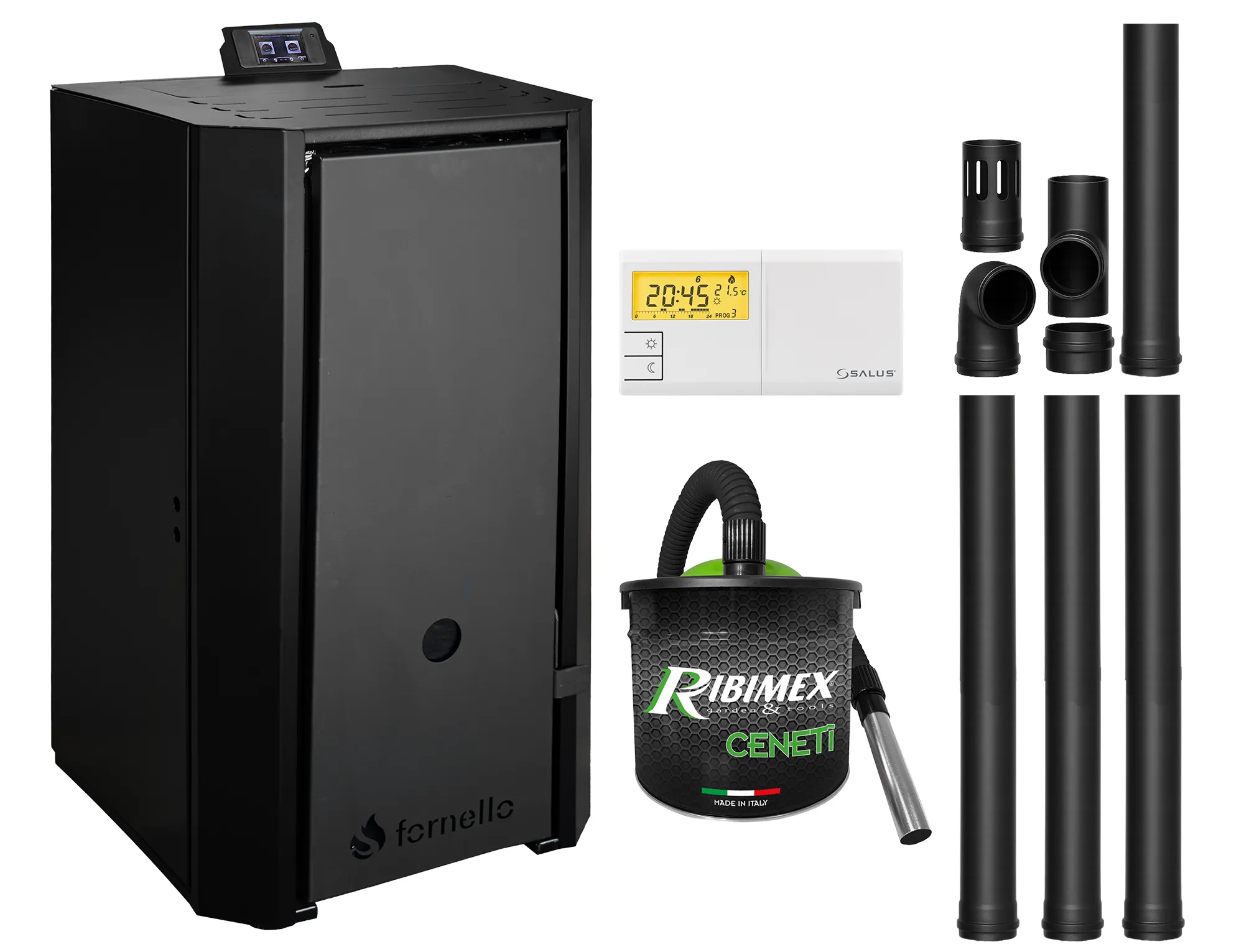 Pachet Centrala pe peleti Fornello EVA B Black 25 KW, pompa circulatie, vas expansiune, Grup siguranta, WI-FI, buncar, tiraj fortat, kit evacuare, termostat Salus 091FLRFV2, aspiratior, Clasa A++, recomandat pentru 160 mp, Negru