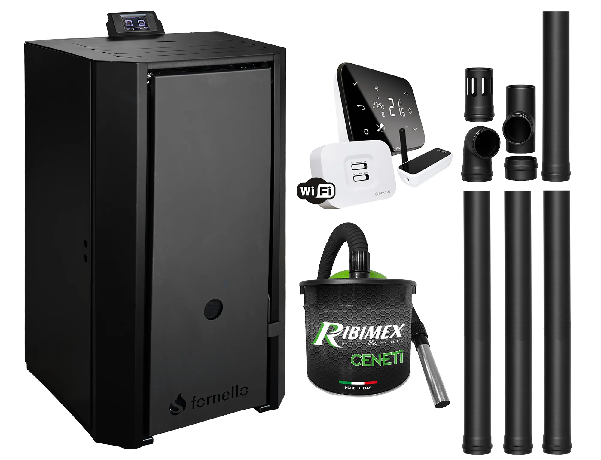 Pachet Centrala pe peleti Fornello EVA B Black 25 KW, pompa circulatie, vas expansiune, Grup siguranta, WI-FI, buncar, tiraj fortat, kit evacuare, termostat Salus IT500, aspiratior, Clasa A++, recomandat pentru 160 mp, Negru