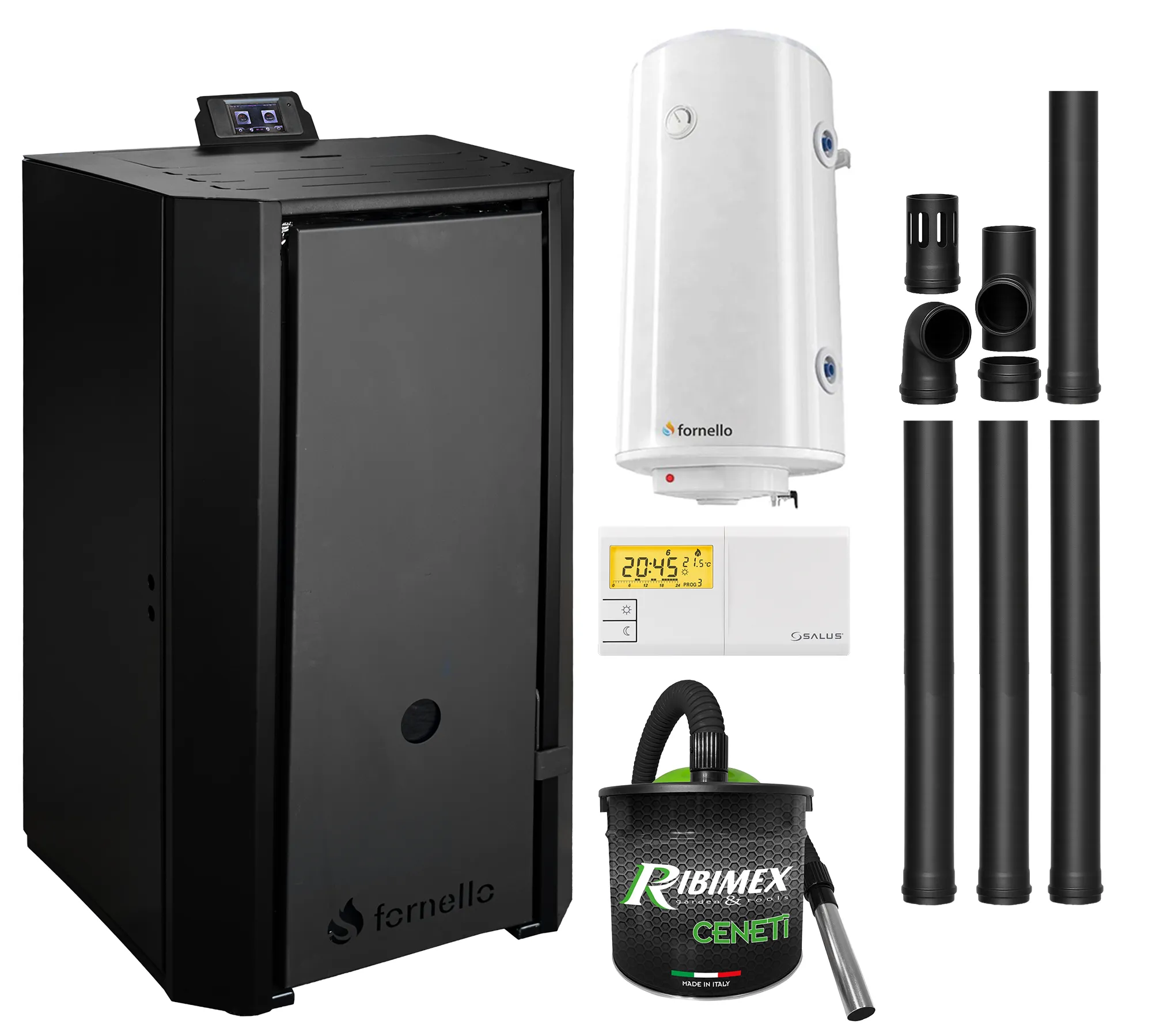 Pachet Centrala pe peleti Fornello EVA B Black 25 KW, pompa circulatie, vas expansiune, Grup siguranta, WI-FI, buncar, tiraj fortat, kit evacuare, termostat Salus 091FLRFV2, aspiratior, boiler 100L, Clasa A++, recomandat pentru 160 mp, Negru