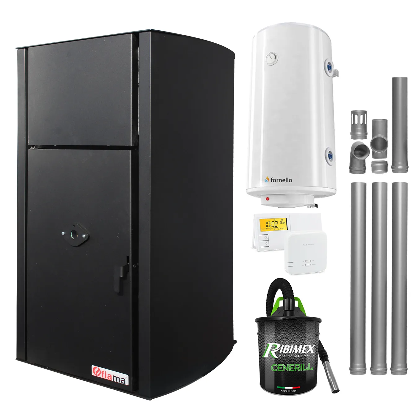 Pachet Centrala pe peleti Fornello Fiama Confort  B 25 kw, complet echipata pentru incalzire, Pompa, Vas expansiune, Automatizare, Boiler 100 litri, Termostat Radio Comanda Salus 091FLRFV2, Aspirator Cenusa si Kit evacuare 3.5 ml
