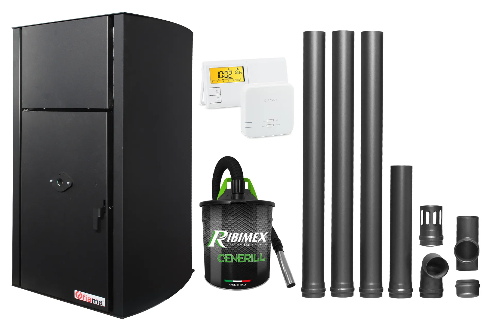 Pachet Centrala pe peleti Fornello Fiama Confort B 25 kw, complet echipata pentru incalzire, Pompa, Vas expansiune, Automatizare, Termostat Radio Comanda Salus 091FLRFV2, Aspirator Cenusa si Kit evacuare 3.5 ml
