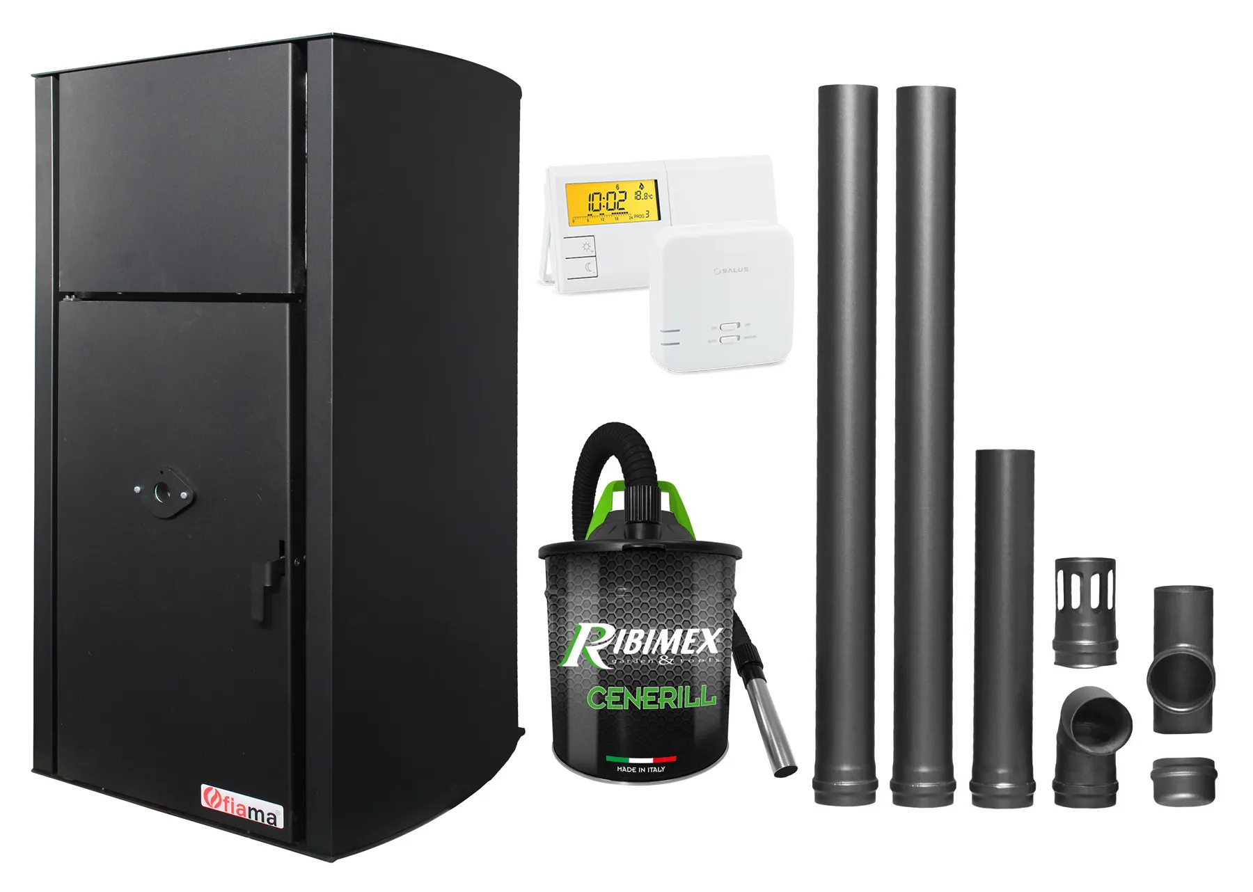 Pachet Centrala pe peleti Fornello Fiama Confort B 25 kw, complet echipata pentru incalzire, Pompa, Vas expansiune, Automatizare, Termostat Radio Comanda Salus 091FLRFV2, Aspirator Cenusa si Kit evacuare 2.5 ml