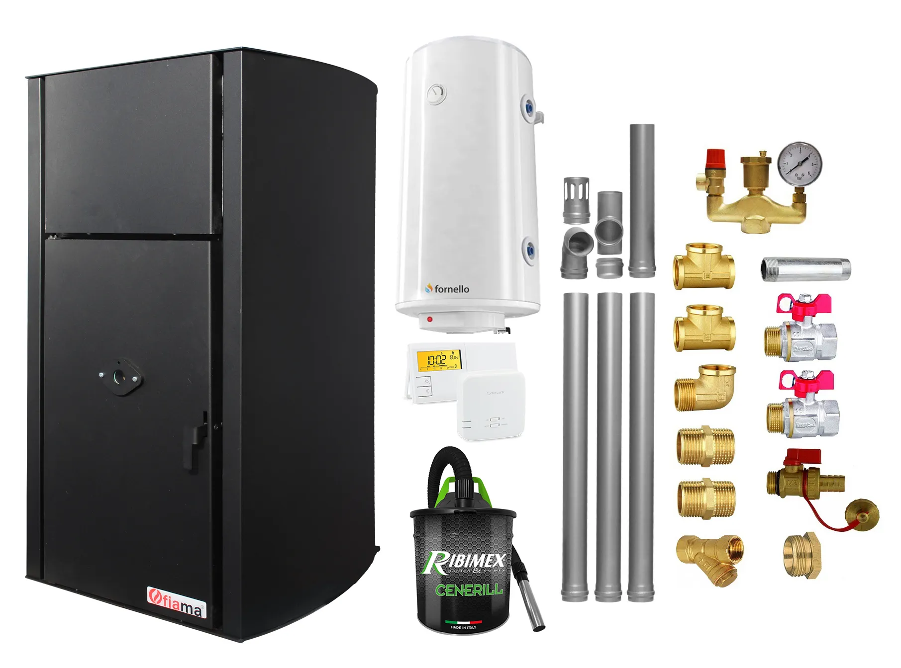 Pachet Centrala pe peleti Fornello Fiama Confort  B 25 kw, complet echipata pentru incalzire, Pompa, Vas expansiune, Automatizare, Boiler 100 litri, Termostat Radio Comanda Salus 091FLRFV2, Aspirator, Kit evacuare 3.5 ml si Fitinguri montaj