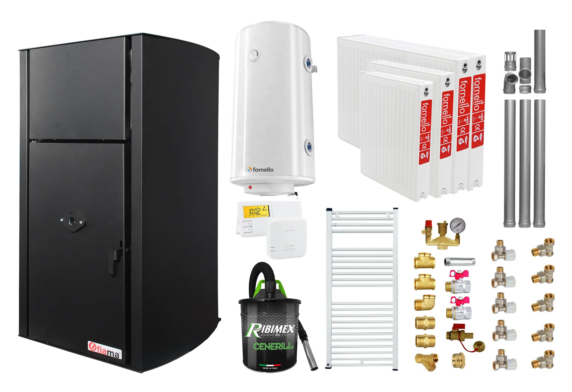 Pachet Centrala pe peleti Fornello Fiama Confort  B 25 kw, complet echipata pentru incalzire, Pompa, Vas expansiune, Automatizare, Radiatoare otel, Boiler 100 litri, Termostat, Aspirator, Kit 3.5 ml si Fitinguri montaj