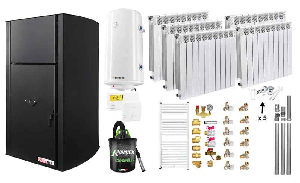 Pachet Centrala pe peleti Fornello Fiama Confort  B 25 kw, Pompa, Vas expansiune, Automatizare, Calorifere aluminiu Fornello Alvo, Boiler 100 litri, Termostat, Aspirator, Kit 3.5 ml si Fitinguri montaj