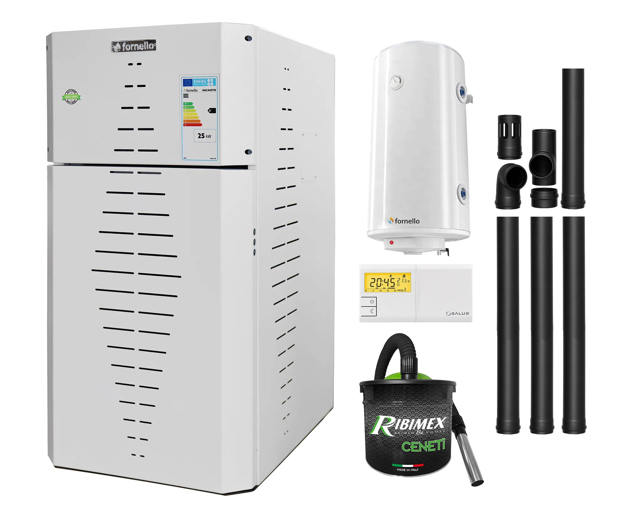 Pachet centrala pe peleti Fornello INCANTO COMPACT 25 kW, pompa electronica, vas expansiune, arzator inox, grup de siguranta, kit evacuare, termostat Salus 091FLRFV2, aspiratior, boiler 100L, sistem de curatare MECANICA a creuzetului si drumurilor de