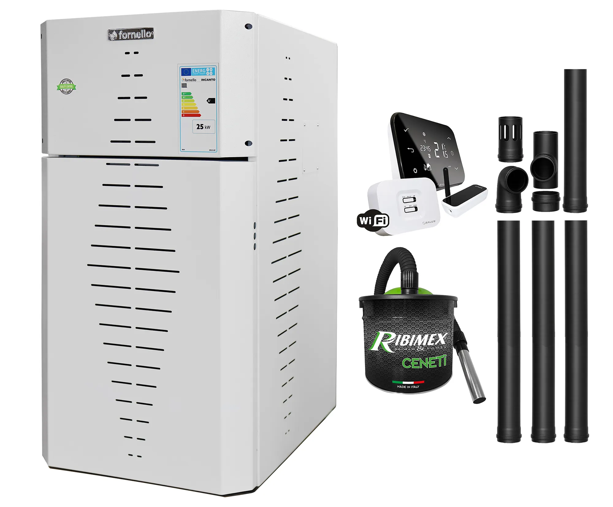 Pachet centrala pe peleti Fornello INCANTO COMPACT 25 kW, pompa electronica, vas expansiune, arzator inox, grup de siguranta, kit evacuare, termostat Salus IT500, aspiratior, sistem de curatare MECANICA a creuzetului si drumurilor de fum, culoare