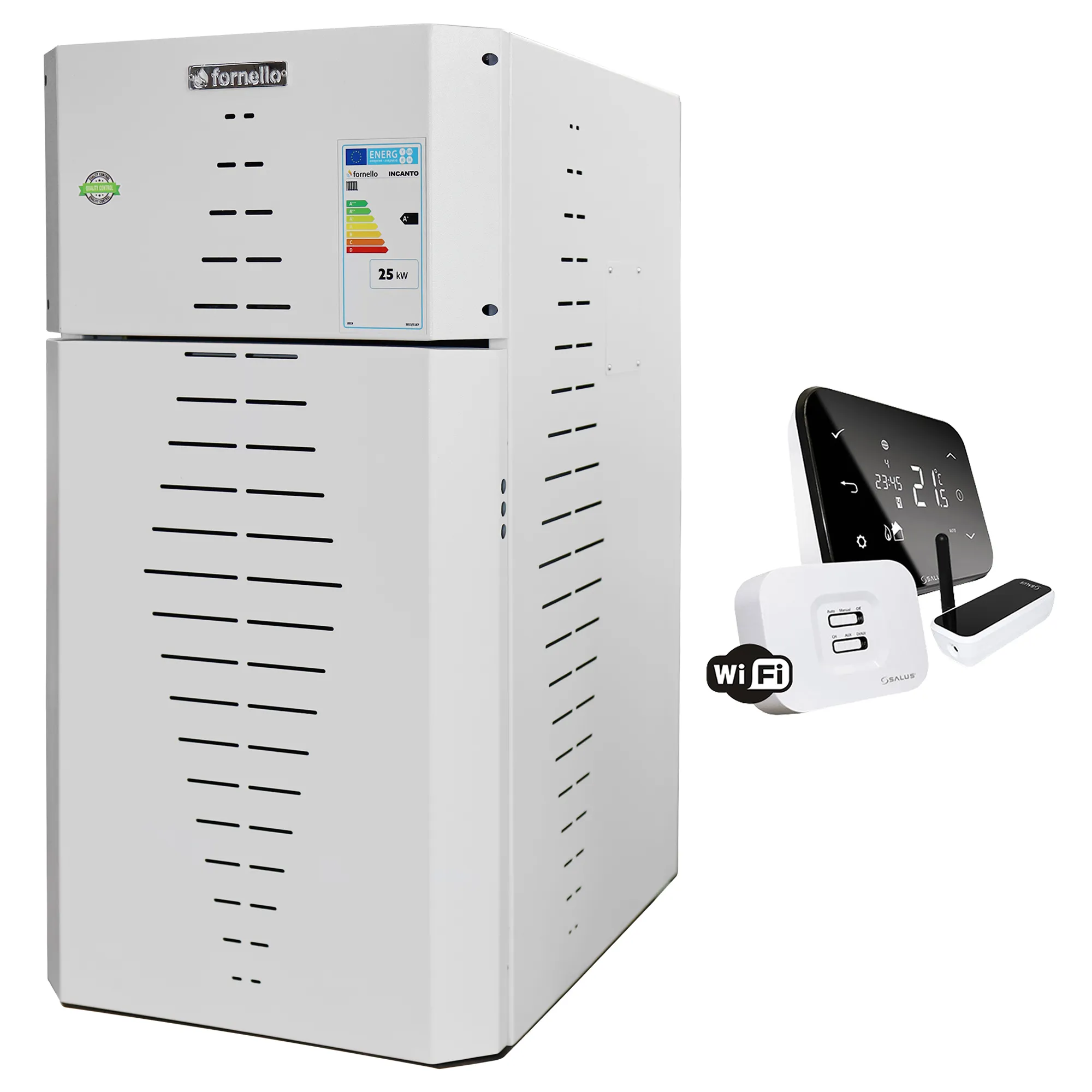 Pachet centrala pe peleti Fornello INCANTO COMPACT 35 kW, pompa electronica, vas expansiune, arzator inox, grup de siguranta, termostat wifi salus IT500, sistem de curatare MECANICA a creuzetului si drumurilor de fum, culoare alb