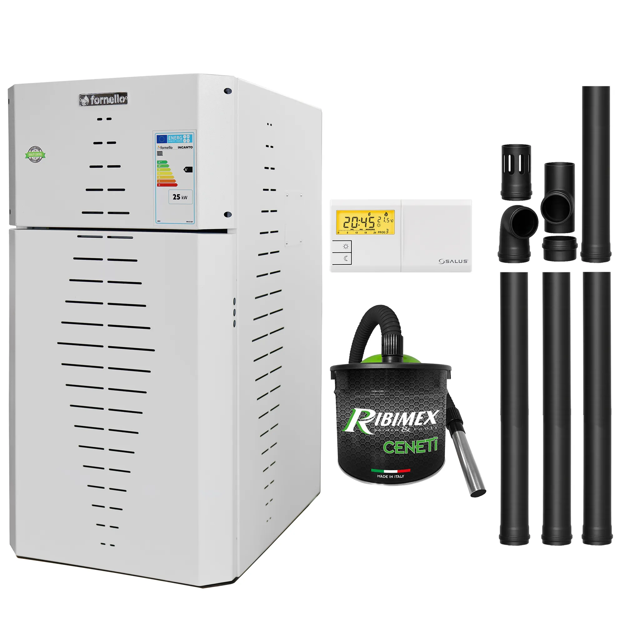 Pachet centrala pe peleti Fornello INCANTO COMPACT 35 kW, pompa electronica, vas expansiune, arzator inox, grup de siguranta, kit evacuare, termostat Salus 091FLRFV2, aspiratior, sistem de curatare MECANICA a creuzetului si drumurilor de fum