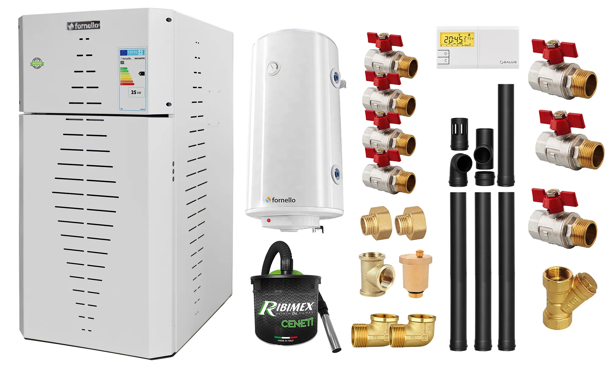 Pachet centrala pe peleti Fornello INCANTO COMPACT 35 kW, pompa electronica, vas expansiune, arzator inox, grup de siguranta, kit evacuare 3.5 ml, termostat, aspiratior, boiler 100L si Fitinguri montaj centrala/boiler