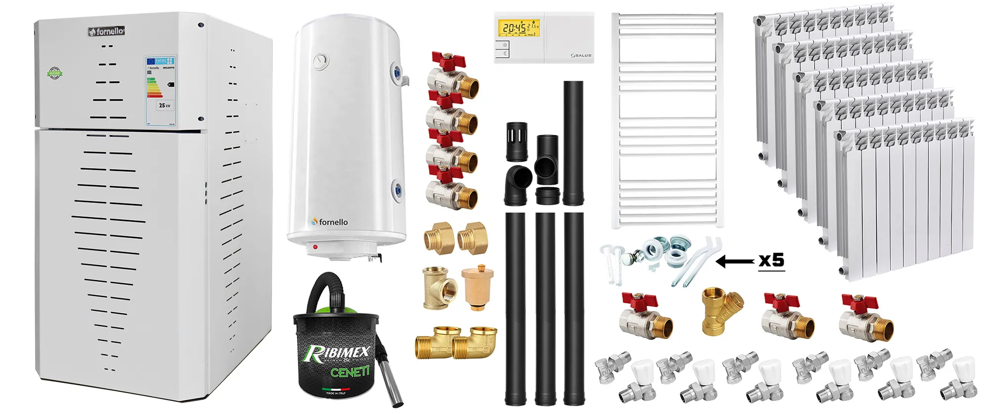 Pachet centrala pe peleti Fornello INCANTO COMPACT 35 kW, pompa electronica, vas expansiune, arzator inox, grup de siguranta, kit evacuare 3.5 ml, termostat, aspiratior, boiler 100L, Radiatoare Aluminiu si Fitinguri montaj