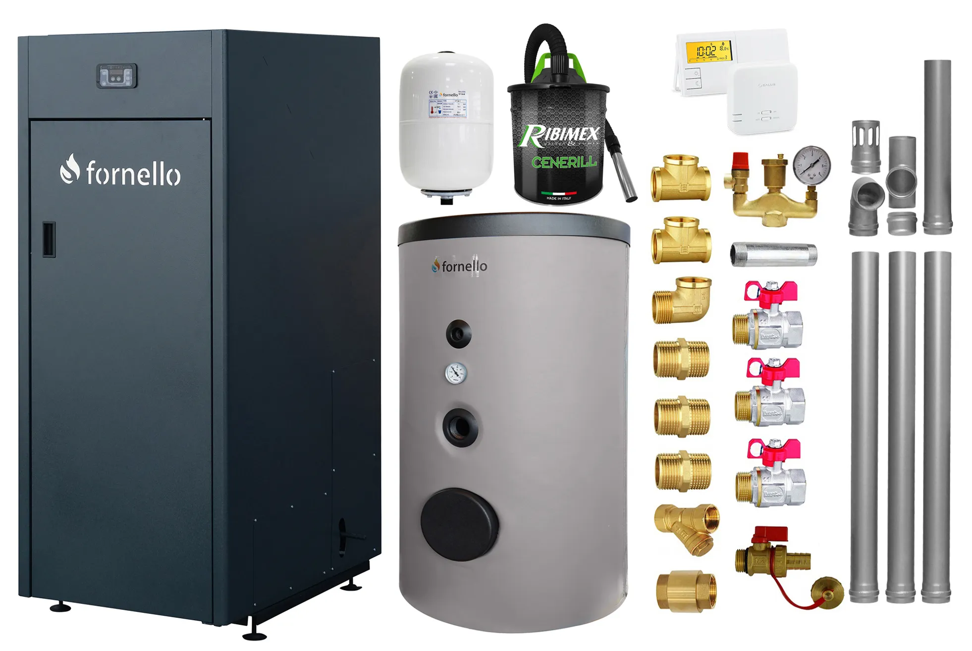 Pachet Centrala pe peleti Fornello King Plus 25 KW, boiler de sol, termostat, aspirator, kit evacuare, fitinguri, pompa de circulatie, vas de expansiune, supapa de siguranta, automatizare, rezervor pentru peleti 100 kg, creuzet din fonta, tiraj forta