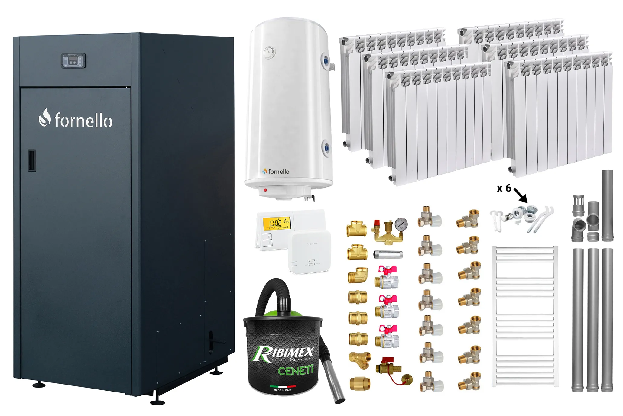 Pachet Centrala pe peleti Fornello King Plus 25 KW, calorifere aluminiu, boiler, termostat, aspirator, kit evacuare, fitinguri, pompa de circulatie, vas de expansiune, supapa de siguranta, automatizare, rezervor pentru peleti 100 kg, creuzet din font