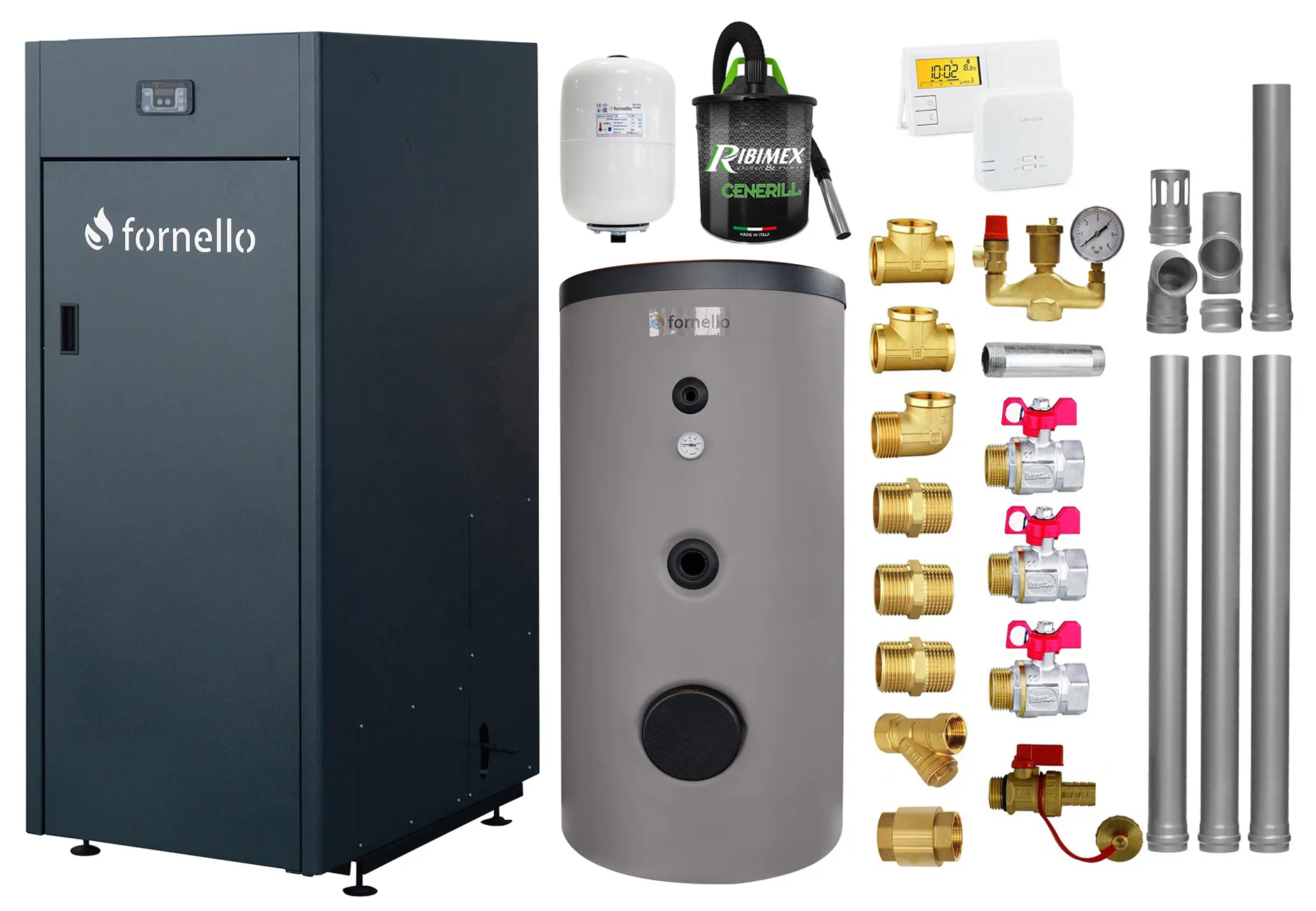 Pachet Centrala pe peleti Fornello King Plus 30 KW, boiler de sol, termostat, aspirator, kit evacuare, fitinguri, pompa de circulatie, vas de expansiune, supapa de siguranta, automatizare, rezervor pentru peleti 125 kg, creuzet din fonta, tiraj forta