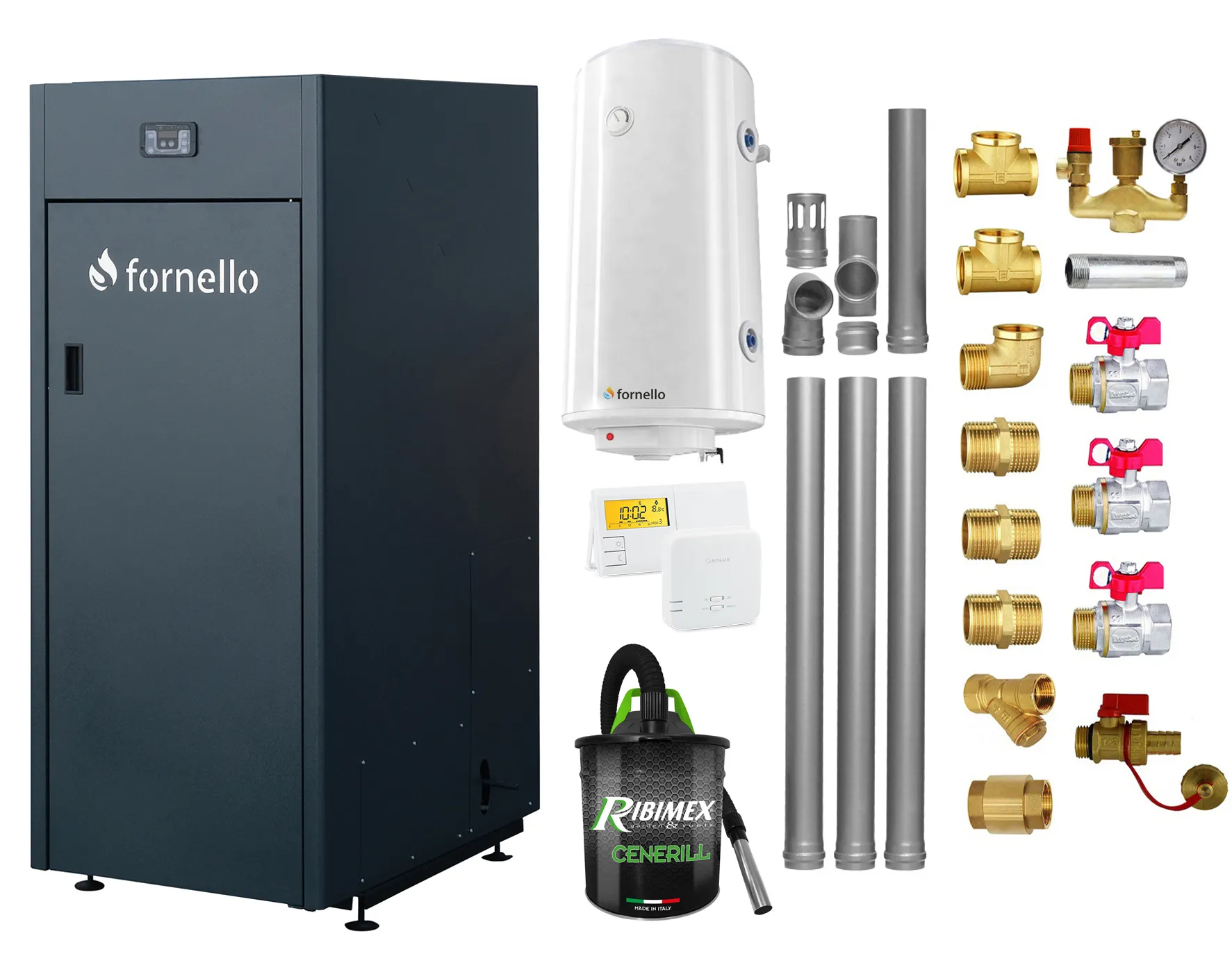 Pachet Centrala pe peleti Fornello King Plus 30 KW, boiler, termostat, aspirator, kit evacuare, fitinguri, pompa de circulatie, vas de expansiune, supapa de siguranta, automatizare, rezervor pentru peleti 125 kg, creuzet din fonta, tiraj fortat