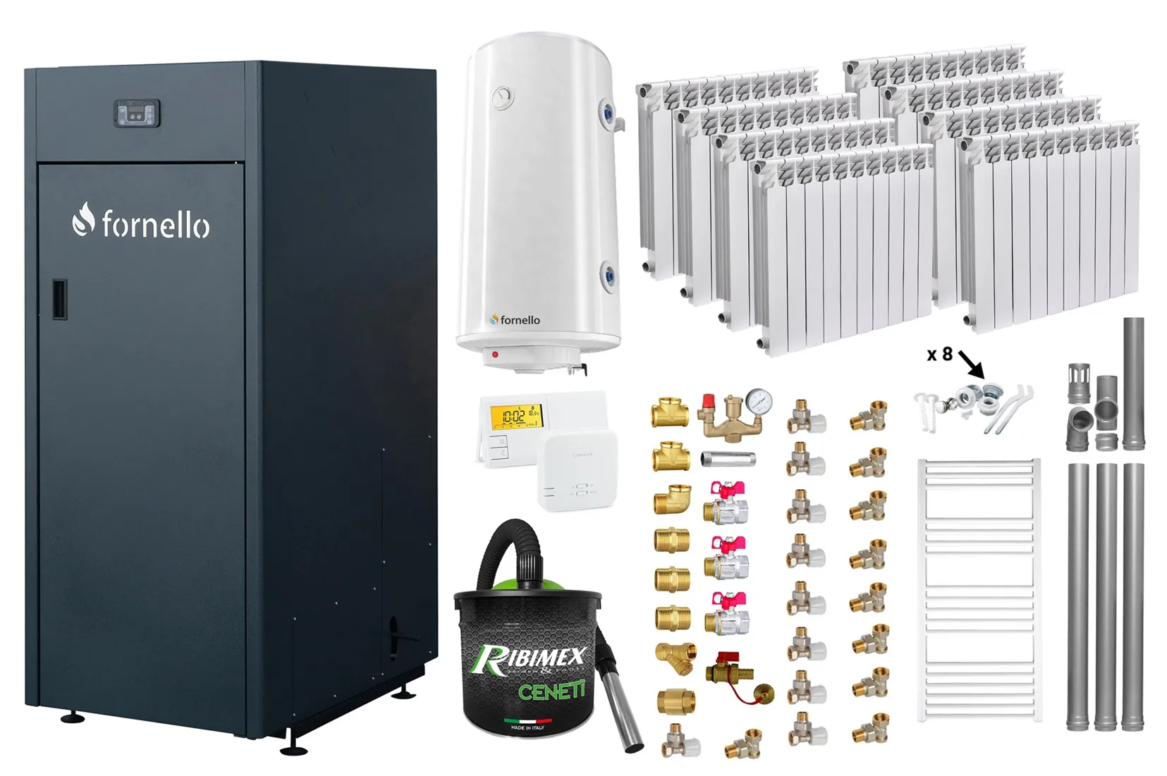 Pachet Centrala pe peleti Fornello King Plus 30 KW, calorifere aluminiu, boiler, termostat, aspirator, kit evacuare, fitinguri, pompa de circulatie, vas de expansiune, supapa de siguranta, automatizare, rezervor pentru peleti 125 kg