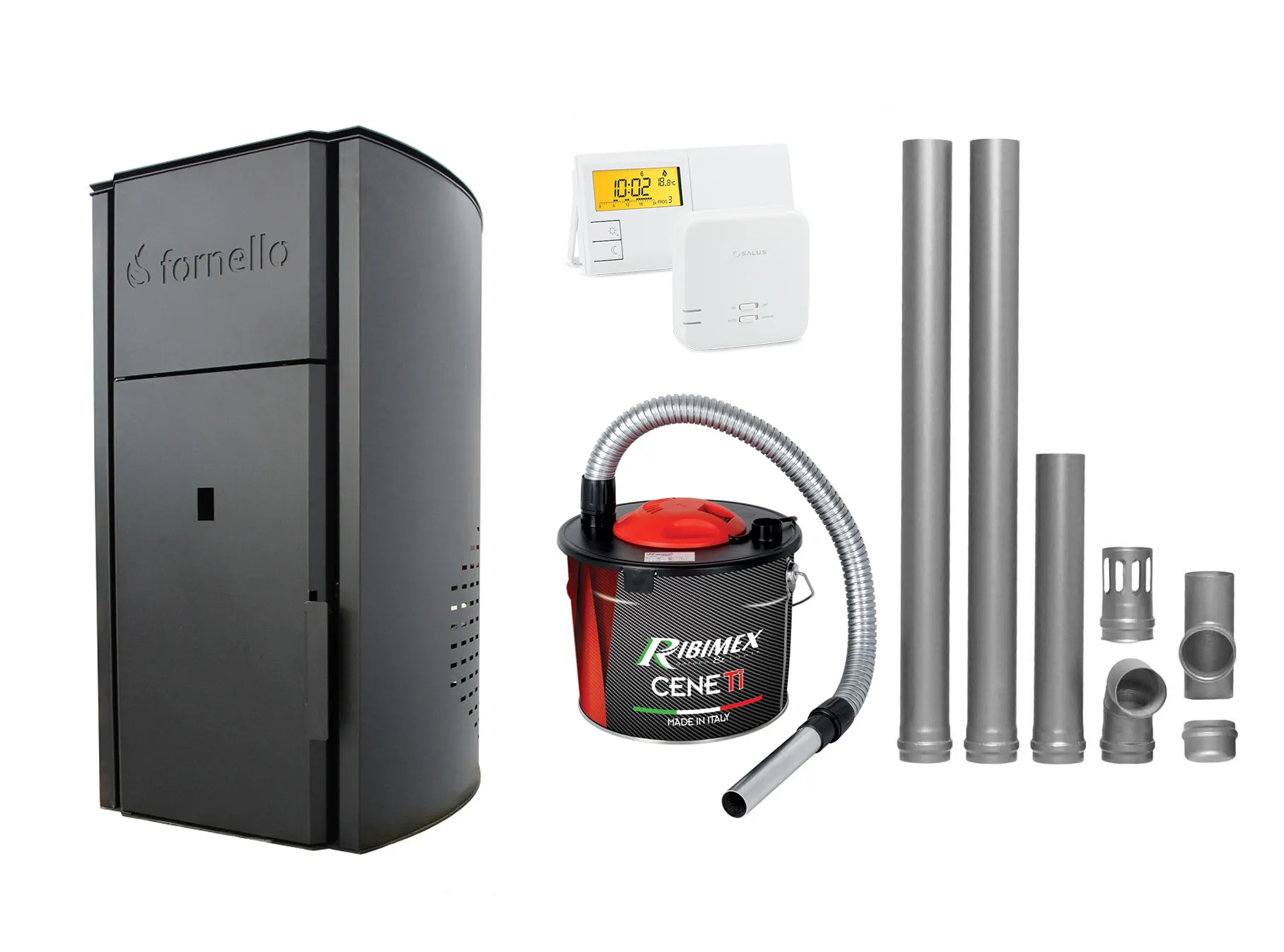 Pachet Centrala pe peleti Fornello Royal Black 25 kW, complet echipata cu pompa, vas expansiune, automatizare, culoare negru, kit evacuare 2.5 ml, Termostat Radio Comanda Salus 091FLRFV2 si Aspirator Cenusa