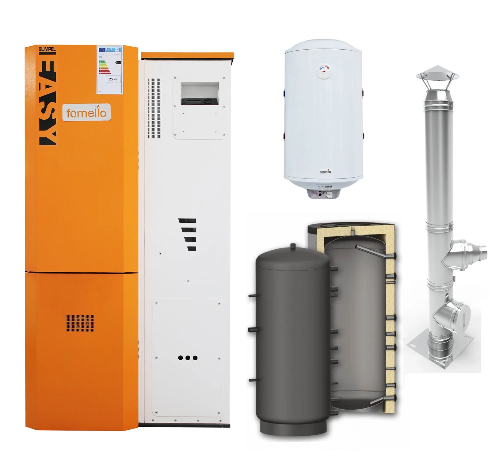 Pachet Centrala pe peleti  Fornello Slimpel Easy 25 kw, arzator inox, pompa de circulatie, tiraj fortat 80 mm, pompa electronica Grundfos, sistem curatare mecanica, A+, Puffer P 500l, Cos inox 6 ml 120 mm, Boiler Termoelectric Fornello 100l