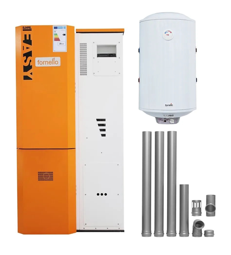 Pachet Centrala pe peleti Fornello Slimpell Easy 25 kw, arzator inox, pompa de circulatie, pompa electronica Grundfos, A+,  Boiler Termoelectric Fornello 100l, kit evacuare 100 mm, 3,5 metri si reductie 100 -120 mm