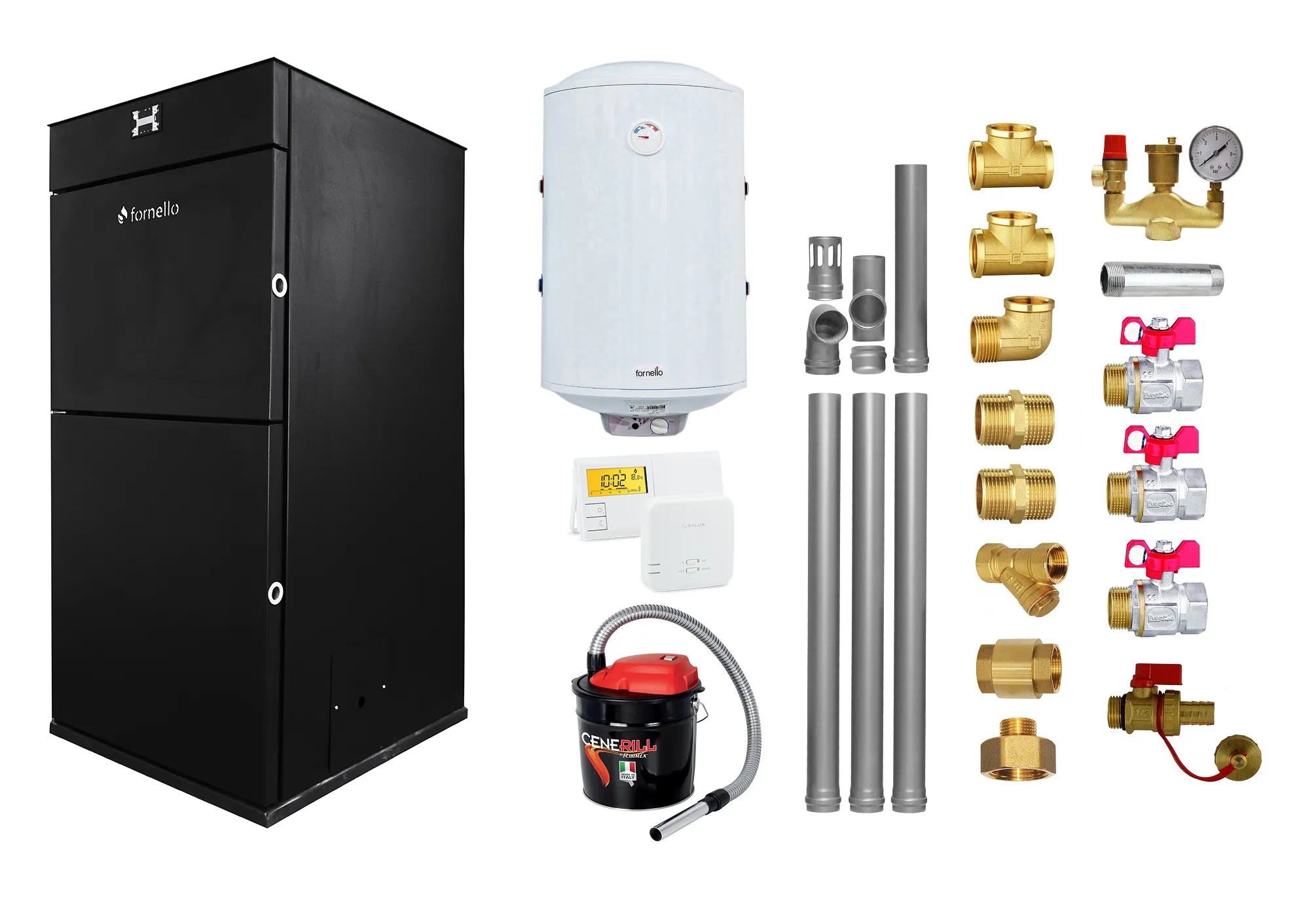 Pachet Centrala peleti Fornello Pellet King 25 kw, complet echipata pentru  incalzire,  pompa circulatie, vas  expansiune,  automatizare, kit evacuare 3.5 ml, Boiler Termoelectric Fornello 100 l, Termostat Salus 091FLRFV2, Aspirator si kit montaj