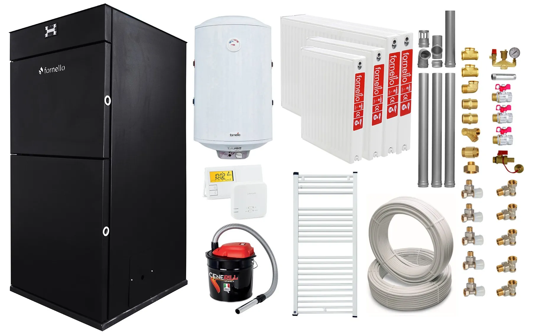 Pachet Centrala peleti Fornello Pellet King 25 kw, complet echipata,  pompa circulatie, teava hidronix, vas  expansiune,  automatizare, kit evacuare 3.5 ml, Boiler Termoelectric Fornello 100 l, Termostat  Salus 091FLRFV2, Aspirator, Radiatoare