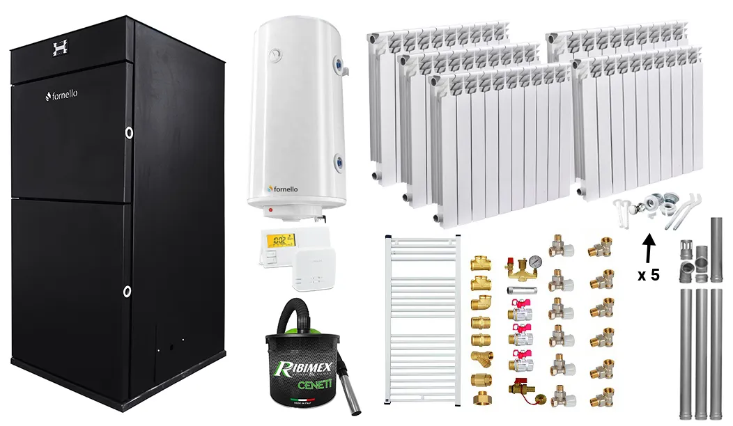 Pachet Centrala peleti Fornello Pellet King 25 kw, complet echipata,  pompa circulatie, vas  expansiune,  automatizare, Calorifere aluminiu Fornello Alvo, Boiler, kit evacuare 3.5 ml, Aspirator, Termostat si Fitinguri