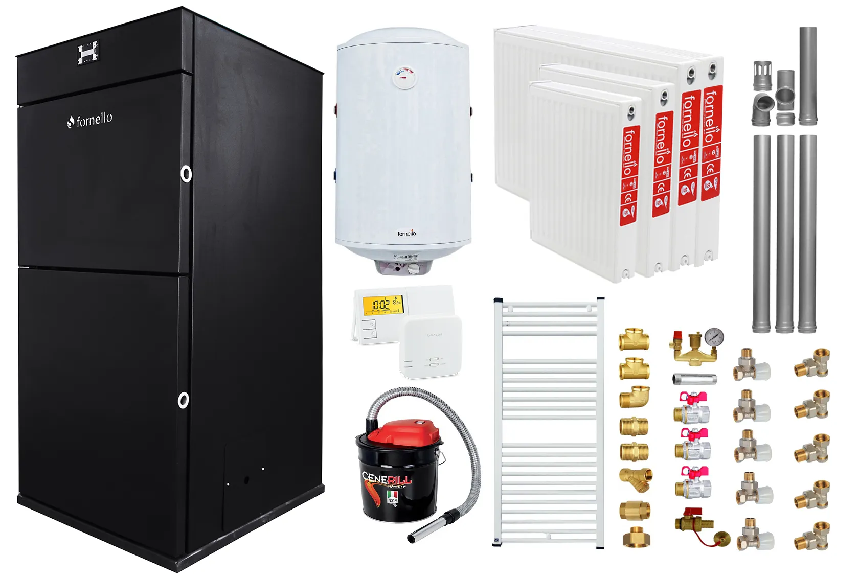 Pachet Centrala peleti Fornello Pellet King 25 kw, complet echipata,  pompa circulatie, vas  expansiune,  automatizare, kit evacuare 3.5 ml, Boiler Termoelectric Fornello 100 l, Termostat Radio Comanda Salus 091FLRFV2, Aspirator, Radiatoare si kit mo