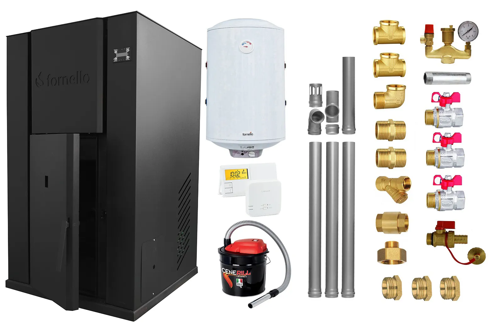 Pachet Centrala peleti Fornello Pellet King 40 kw, complet echipata pentru incalzire, pompa circulatie, vas expansiune, automatizare, kit evacuare 3.5 ml, Boiler Termoelectric Fornello 100 l, Termostat Salus 091FLRFV2, Aspirator si kit montaj