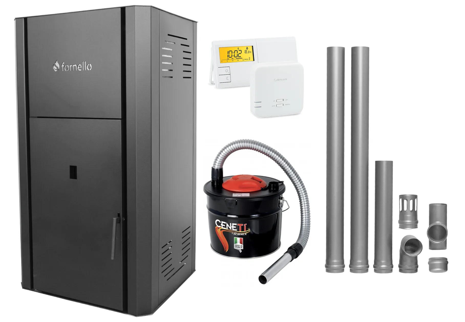 Pachet Centrala peleti Fornello Primo Pellet Black 25 kw, complet echipata pentru  incalzire, pompa circulatie, vas  expansiune,  automatizare, kit evacuare 2.5 ml, Termostat Salus 091FLRFV2, Aspirator Cenusa