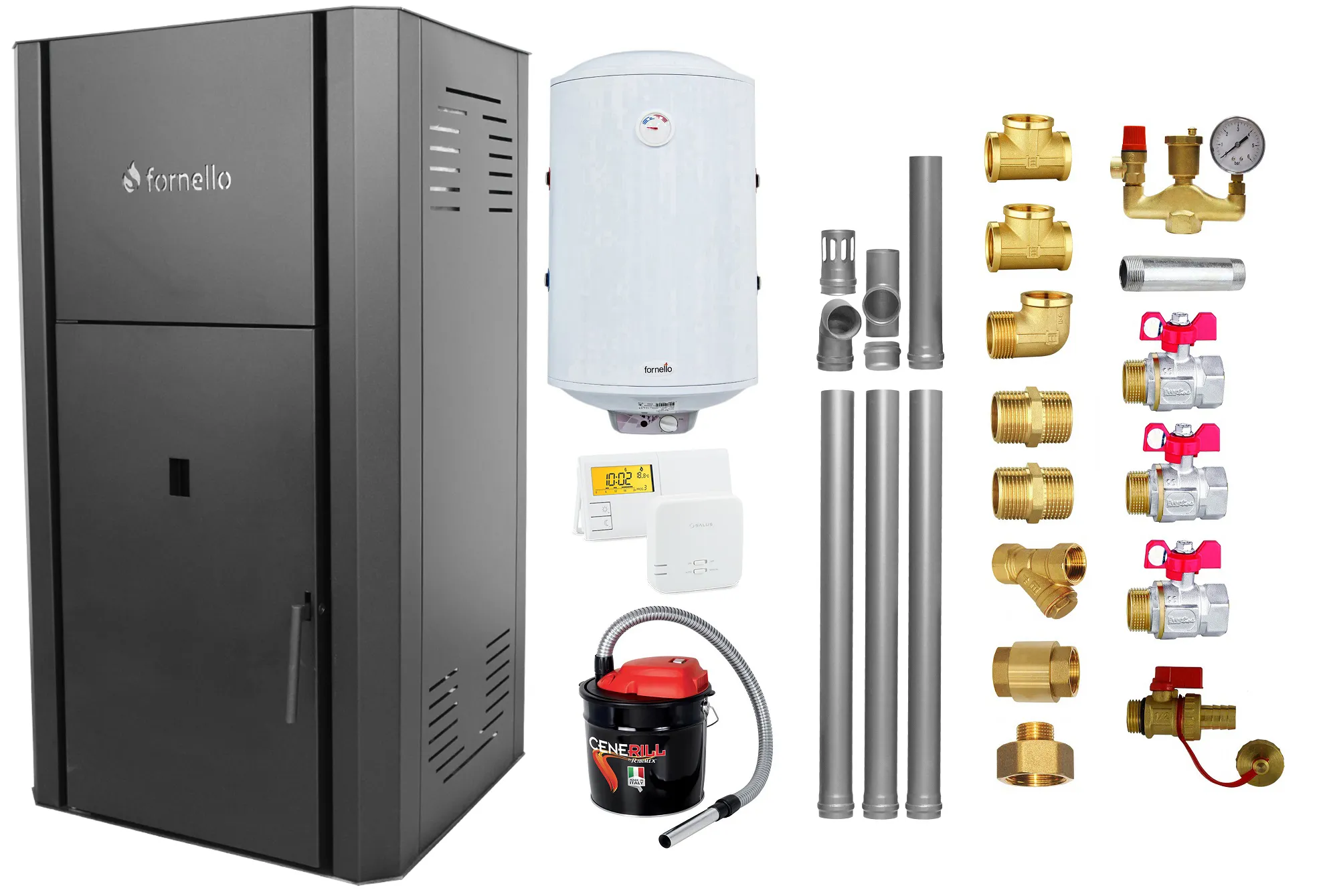 Pachet Centrala peleti Fornello Primo Pellet Black 25 kw, complet echipata pentru incalzire, pompa, vas expansiune,  automatizare, kit evacuare 3.5 ml, Boiler Termoelectric Fornello 100 l, Termostat Salus 091FLRFV2, Aspirator si kit montaj