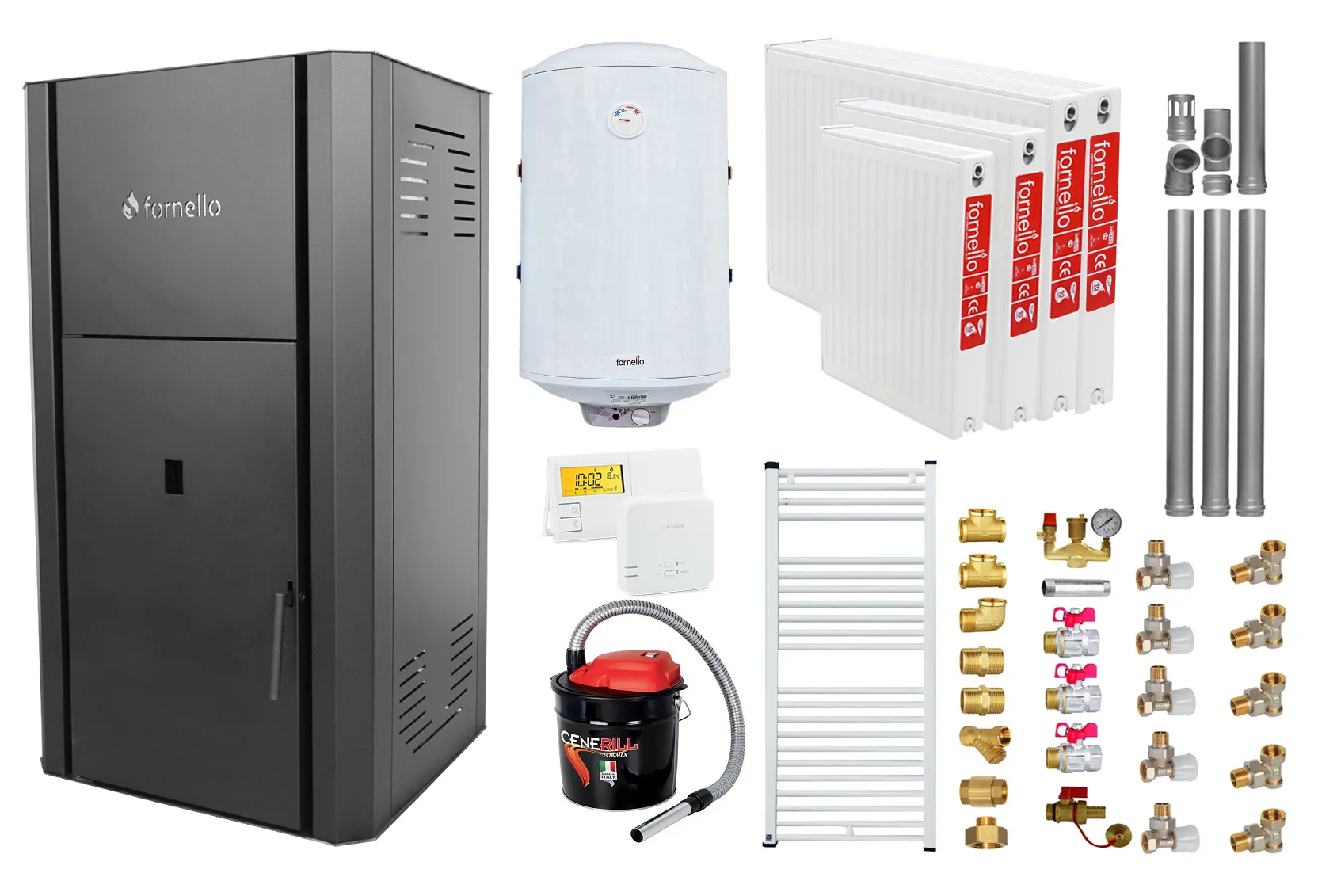 Pachet Centrala peleti Fornello Primo Pellet Black 25 kw, complet echipata pentru incalzire, pompa, vas expansiune,  automatizare, kit evacuare 3.5 ml, Boiler Termoelectric 100 l, Termostat Salus 091FLRFV2, Aspirator , Calorifere si kit montaj