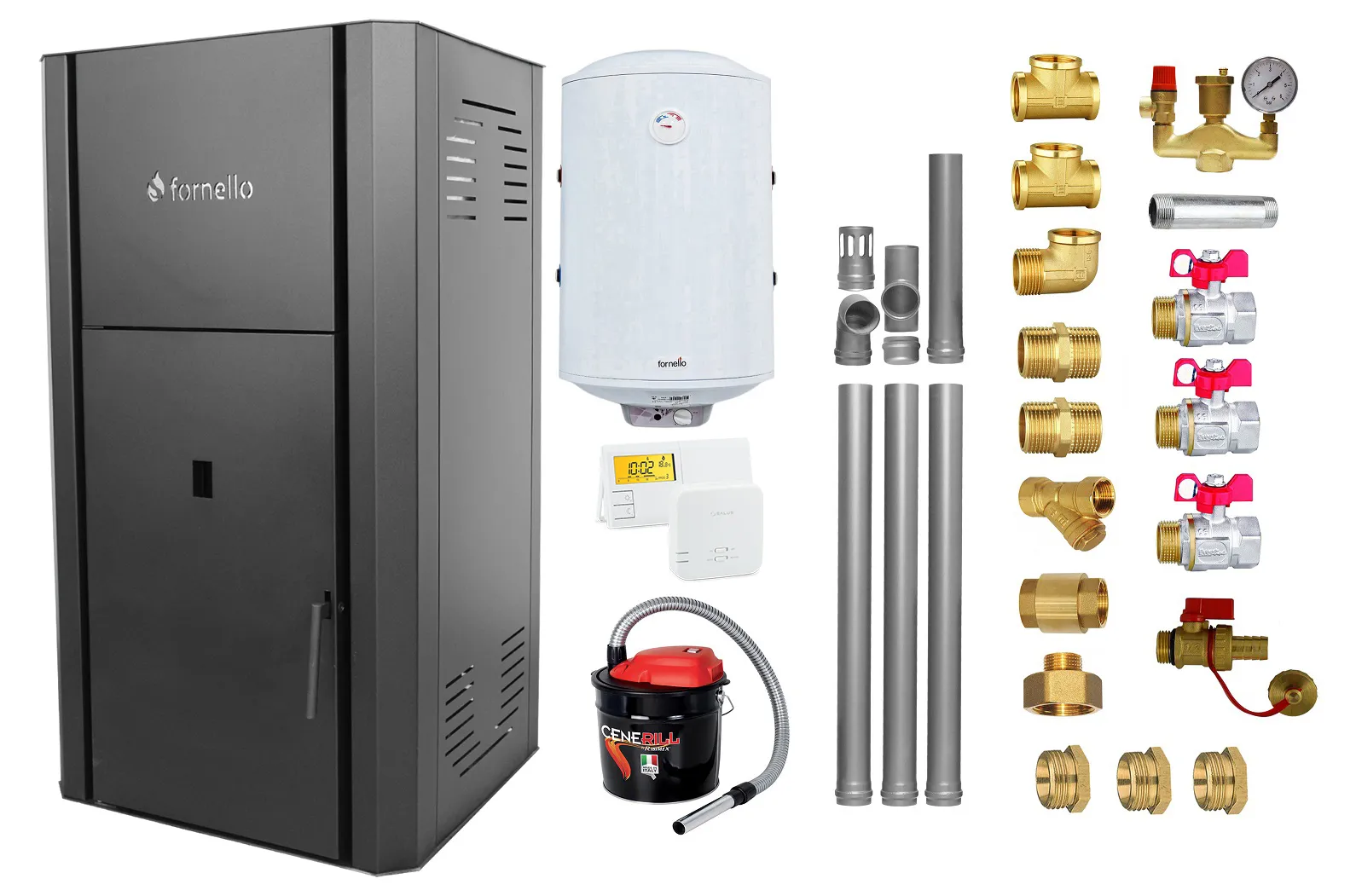 Pachet Centrala peleti Fornello Primo Pellet Black 30 kw, complet echipata pentru incalzire, pompa, vas expansiune, automatizare, kit evacuare 3.5 ml, Boiler Termoelectric Fornello 100 l, Termostat Salus 091FLRFV2, Aspirator si kit montaj