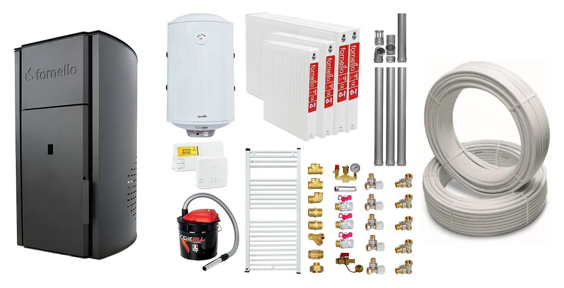 Pachet Centrala peleti Fornello Royal B 25 kw, complet echipata pentru  incalzire,  pompa circulatie, teava hidronix, vas  expansiune,  automatizare, kit evacuare 3.5 ml, Boiler Termoelectric Fornello 100 l, Termostat Salus 091FLRFV2, Aspirator, Radi