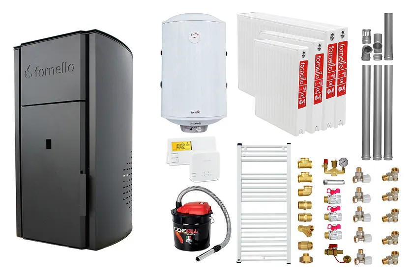 Pachet Centrala peleti Fornello Royal B 25 kw, complet echipata pentru  incalzire,  pompa circulatie, vas  expansiune,  automatizare, kit evacuare 3.5 ml, Boiler Termoelectric Fornello 100 l, Termostat Salus 091FLRFV2, Aspirator, Radiatoare si kit mo