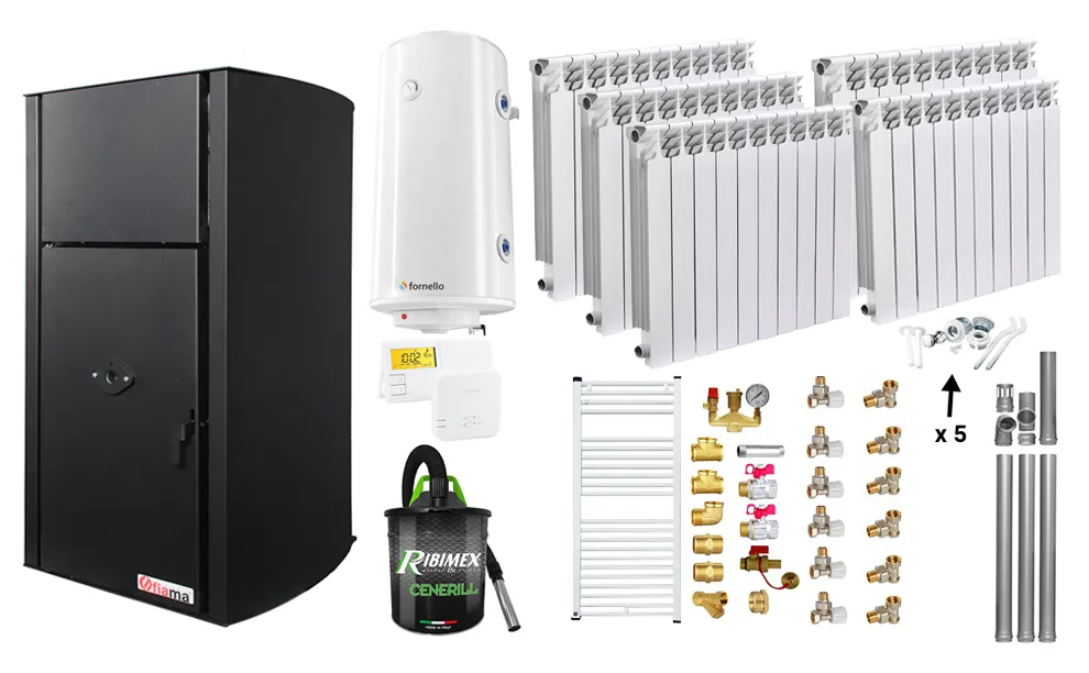 Pachet Centrala peleti Fornello Royal B 25 kw, complet echipata pentru  incalzire, pompa circulatie, vas expansiune, automatizare, Calorifere aluminiu Fornello Alvo, Boiler, kit evacuare 3.5 ml, Aspirator Cenusa, Termostat Salu si Fitinguri